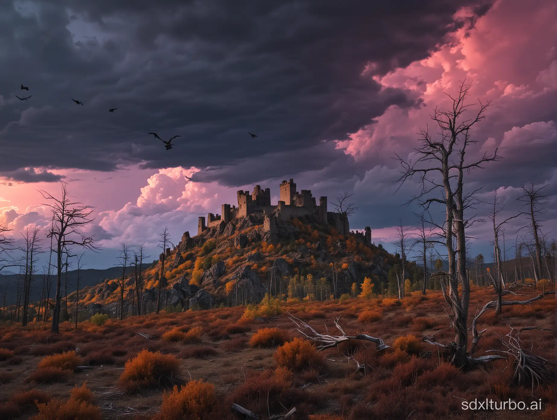 Hill, Castle ruins on the hill, Storm clouds,
[Night], Dark, Colorful sky, lots of eerie colors, high contrast,
Dead Pine forest, Dead Swamp, 
Crows in the air, 
Full shot, Full-length portrait, Wide field of view, Centered, whole mountain visible, camera focused on the castle ruins,
Very Very Beautiful, 8k highly detailed, Soft Light, colorful.