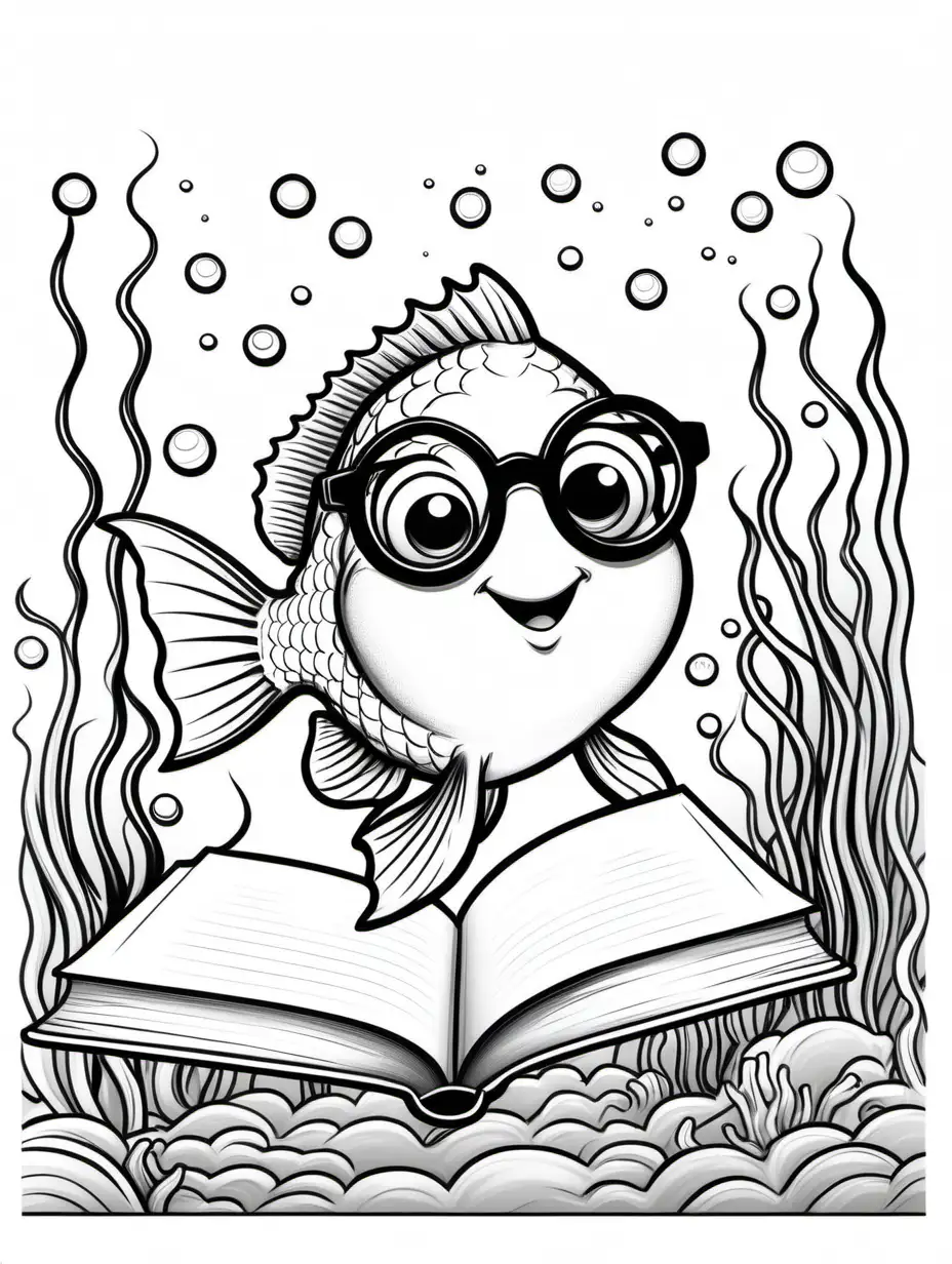 Underwater scene colouring page, a “Fish”, wearing glasses, reading a book, cartoon style art, all white with black outline, colouring page, solid white background , low detail, no shading, fun, simple,