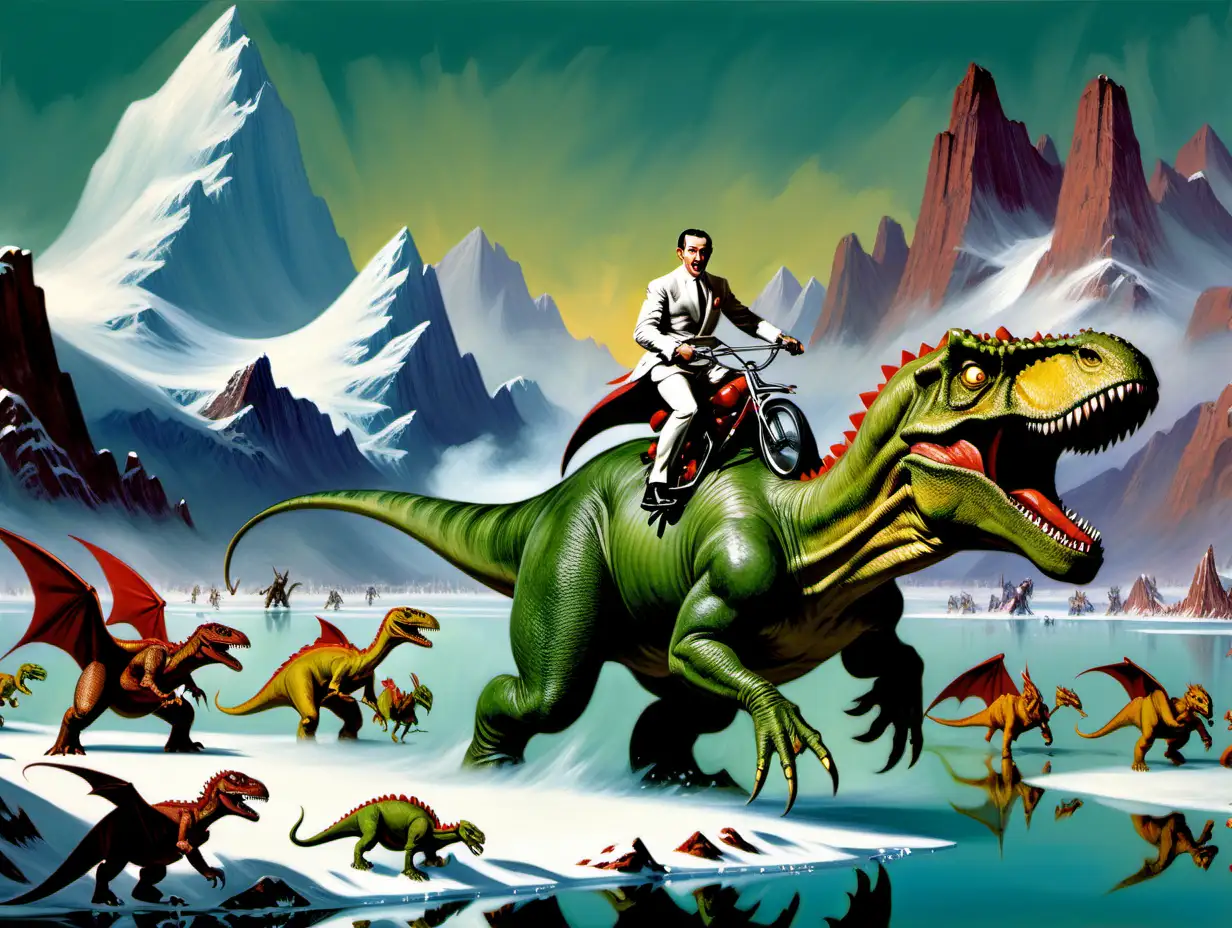 Pee Wee Herman riding a dinosaur on a frozen lake chased by dragons surrounded by giant mountains Frank Frazetta style