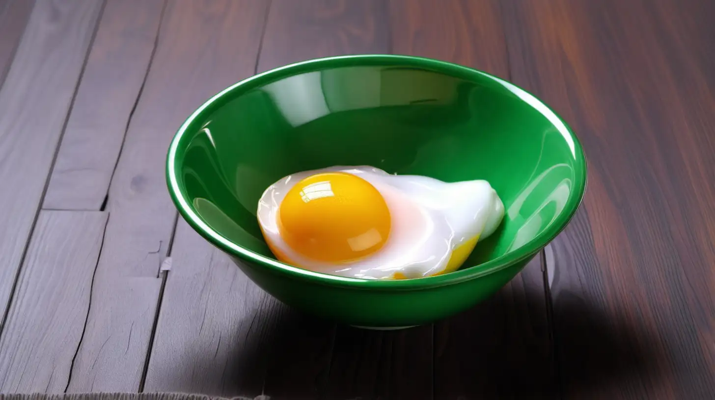 green bowl with shiny raw egg on wood floor