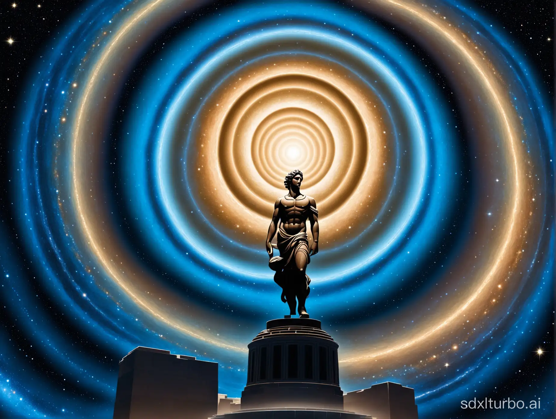 Greek god statue with the universe spiraling behind it