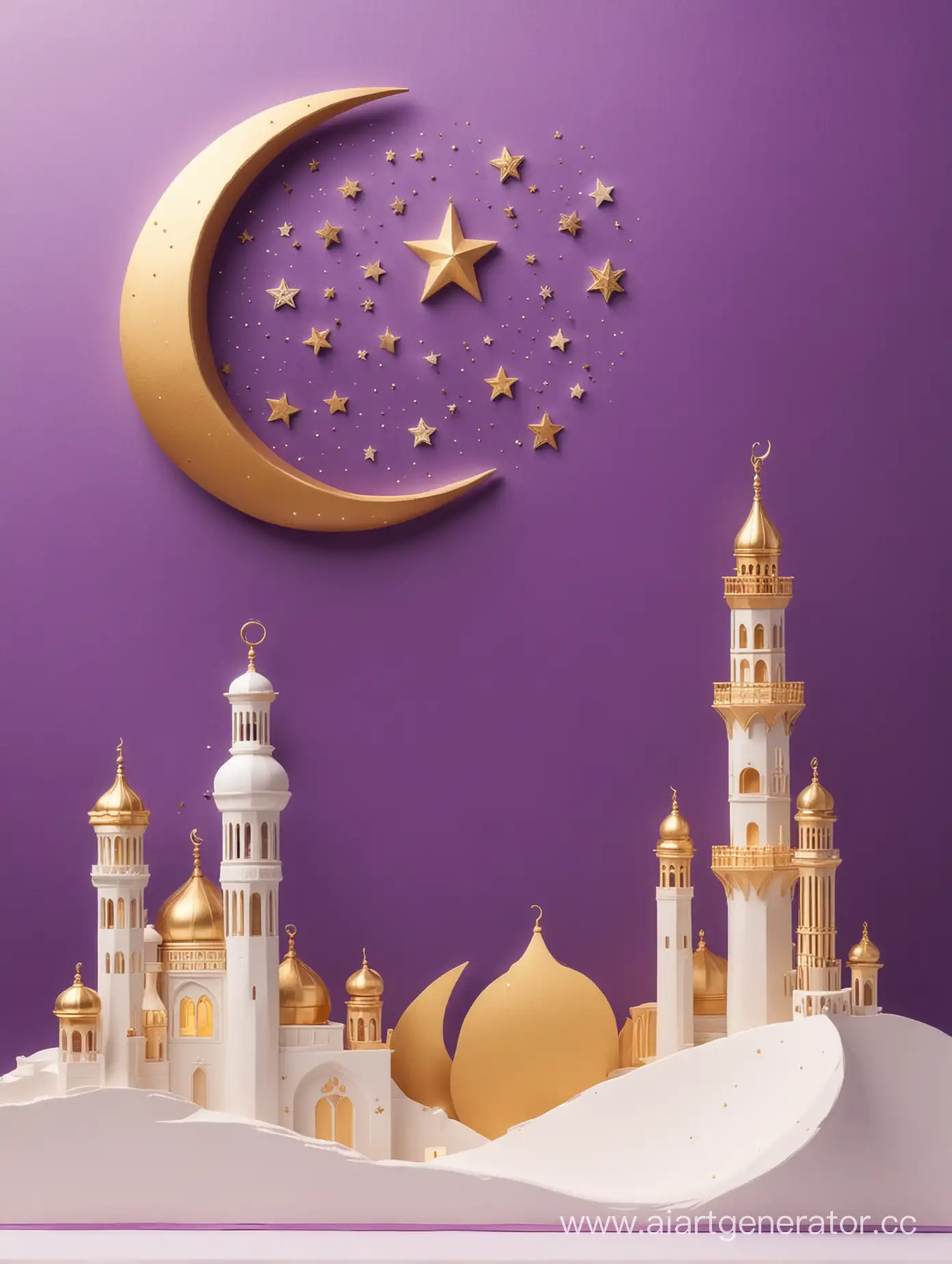 golden and purple Ramadan scene with a crescent moon, minaret, mehrab, and star, white background