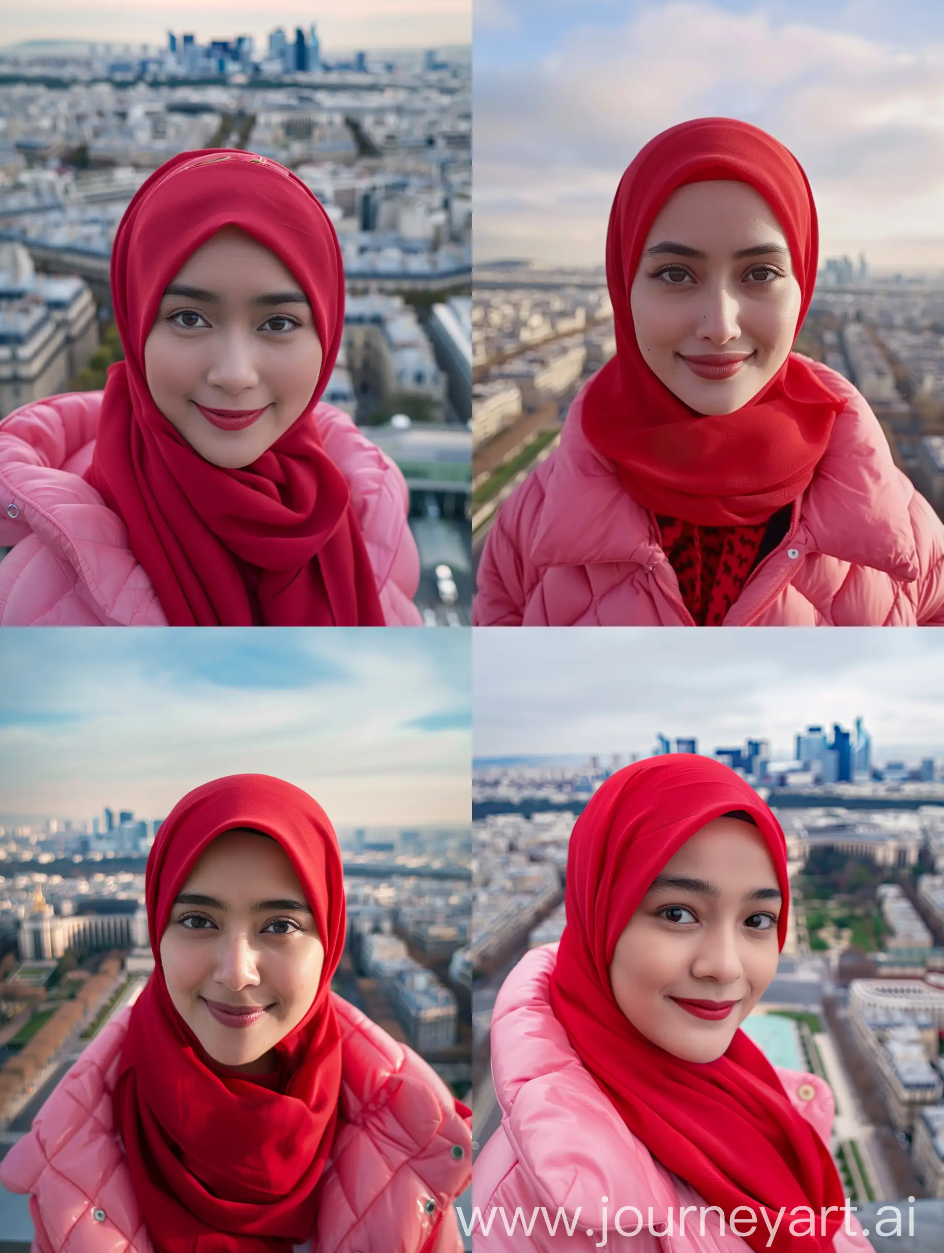 (8K, RAW Photo, Photography, Photorealistic, Realistic, Highest Quality, Intricate Detail), Medium photo of a 25 year old Indonesian woman wearing a red hijab, pink bubble cool jacket, they are smiling facing the camera, her eyes are looking at the camera, the corners of her eyes are parallel to the scene view of paris city during the day