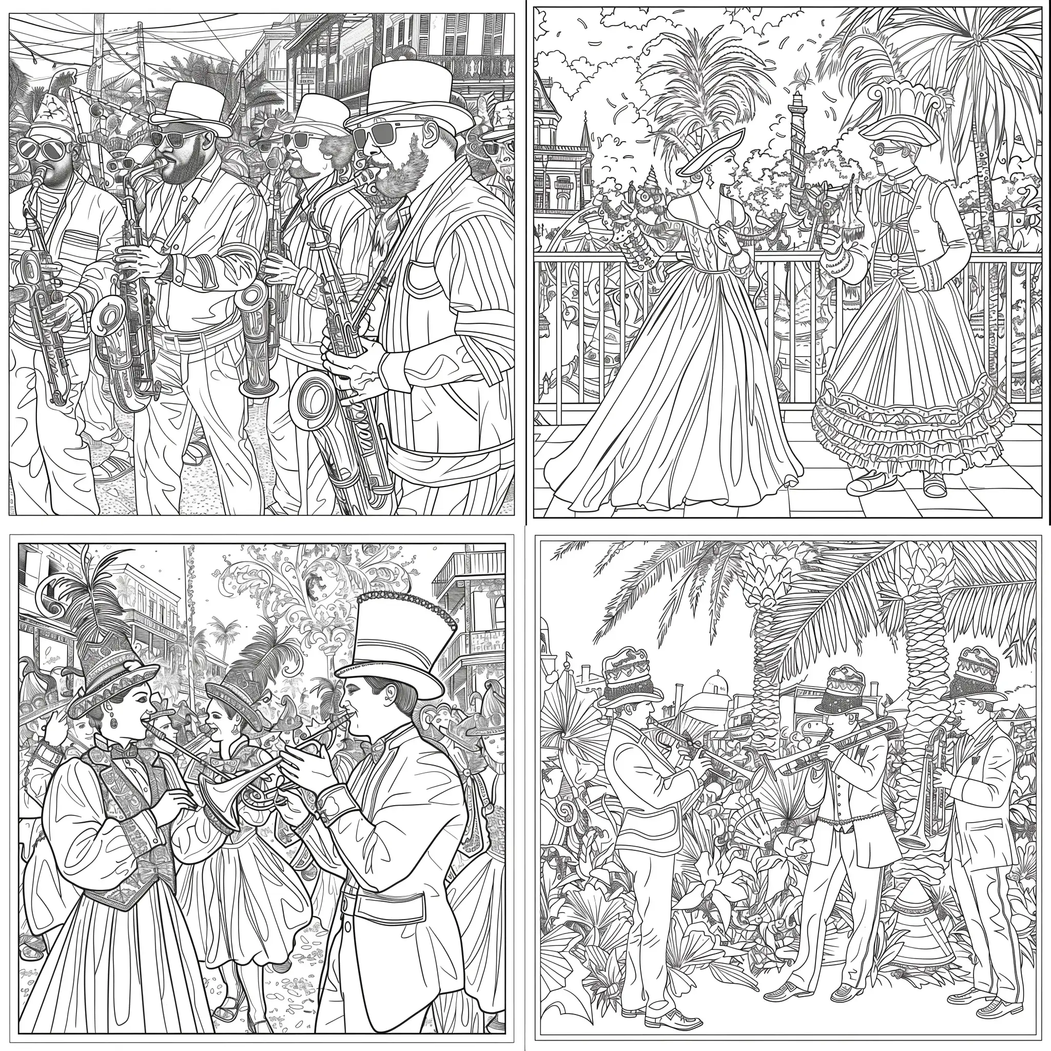 Imagine a coloring book page for 8.5 x 11, no background, no frame, New Orleans Mardi Gras scene
