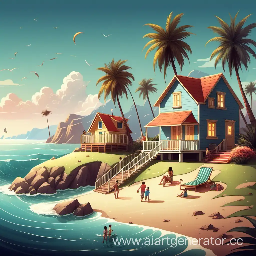 Маленький домик на берегу моря, а рядом пальмы и люди веселятся 