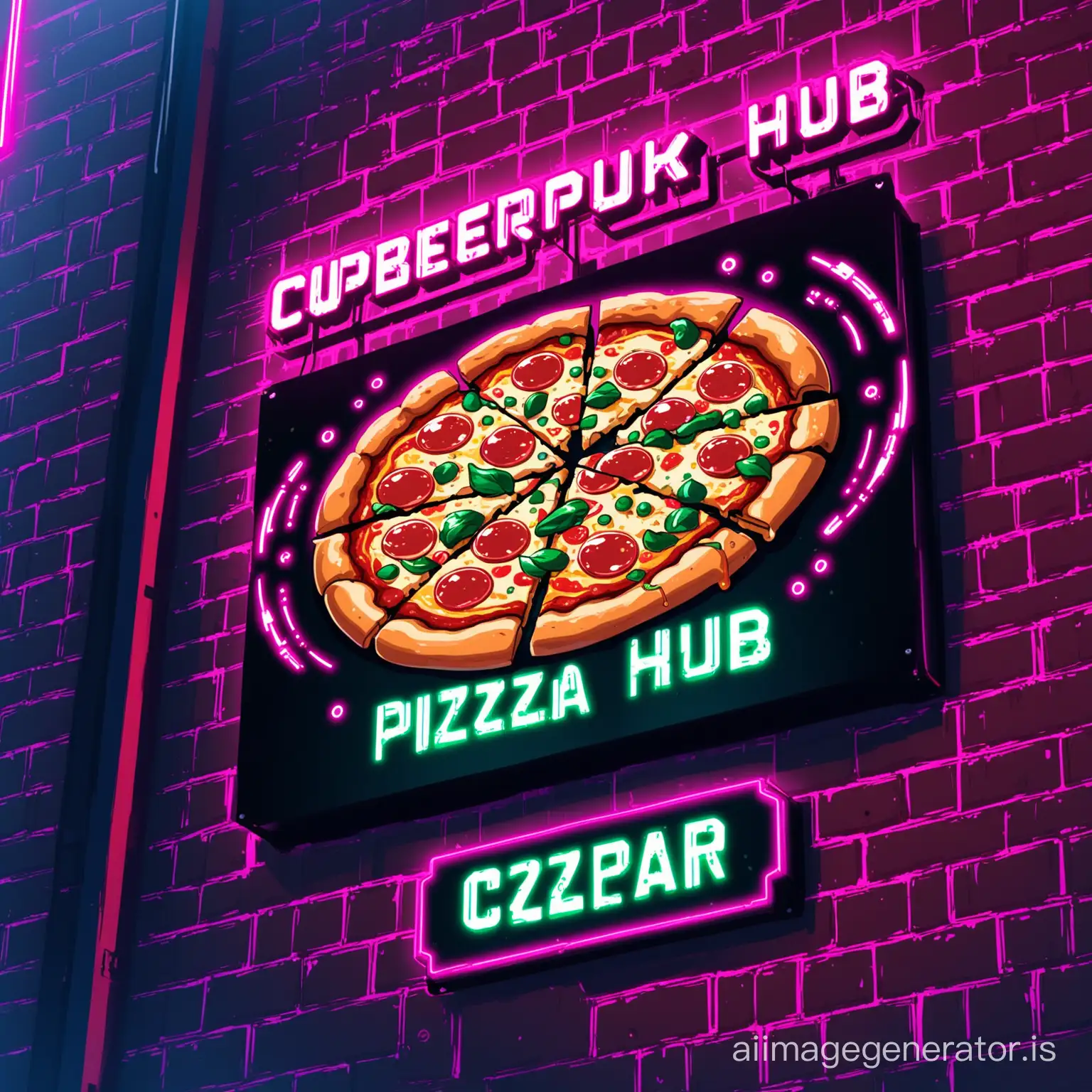 Sign for a restaurant called Cyberpunk Pizza Hub. 