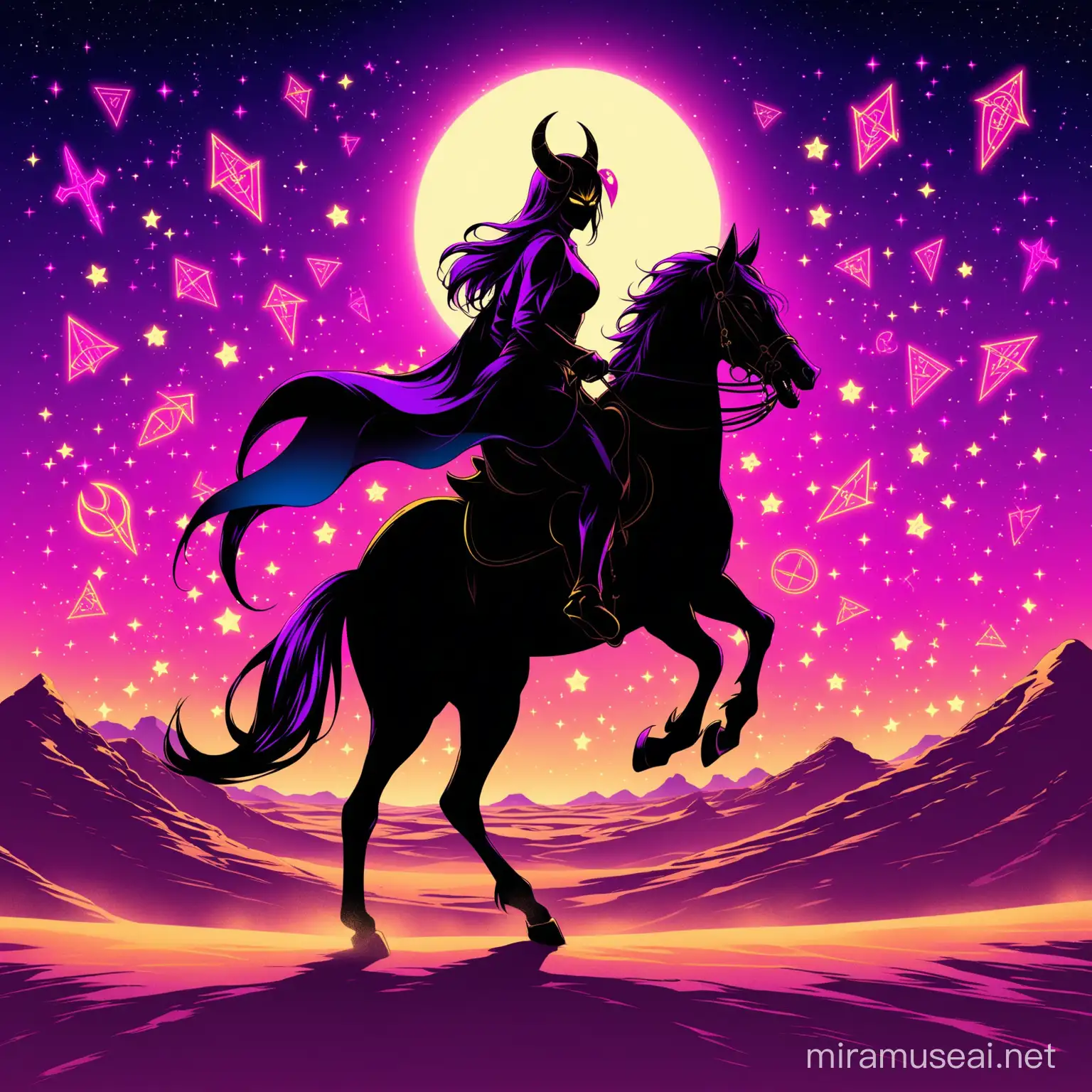sillouette of the devil riding a horse
appreance-horns/full body/noir pink/blue/yellow/gold/demon-runes/
background-sand/desert/full moon stars/neon purple