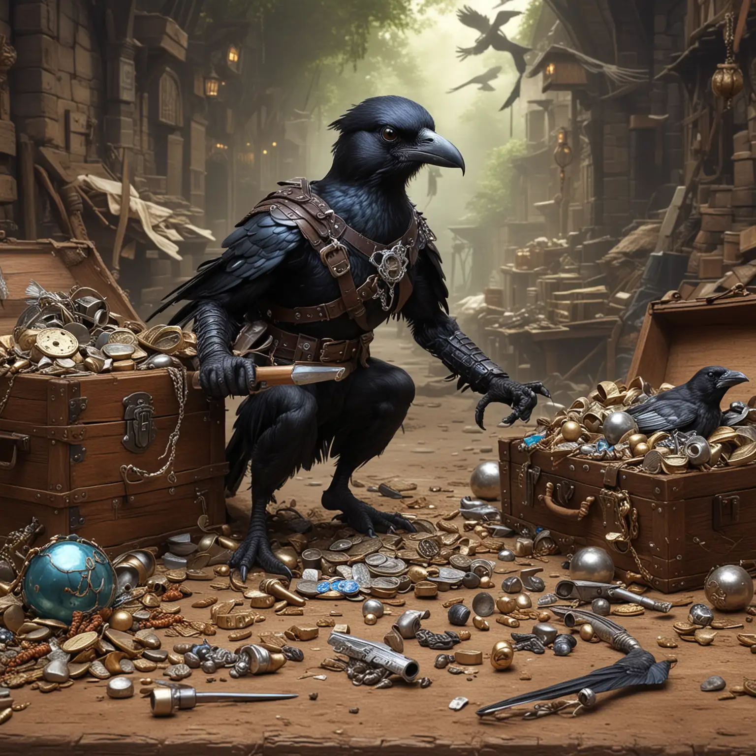 Mischievous Humanoid Magpie Stealing from a Treasure Trove
