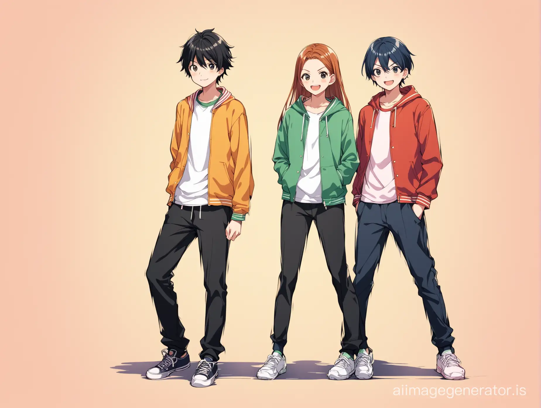 Two teenagers  standing where both are in a playful expression with standing normally but both the people have a distance between them physically in the image ,the image is without baground like as in a png format image. All the charecters are in Anime format