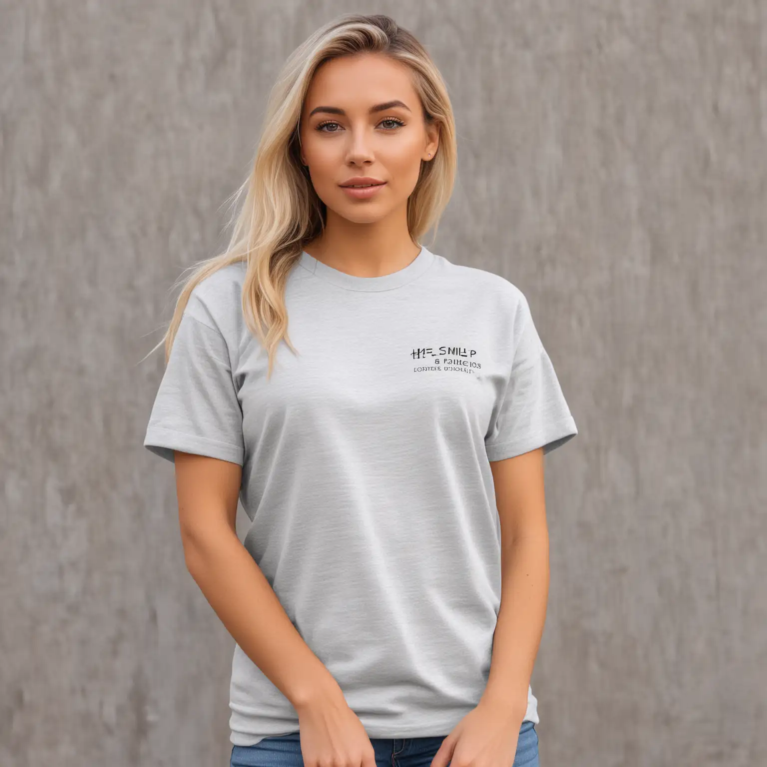 braid blonde hair woman wearing color light grey heather oversized bella canvas 3001 t-shirt mockup on simple outdoor background, looking front