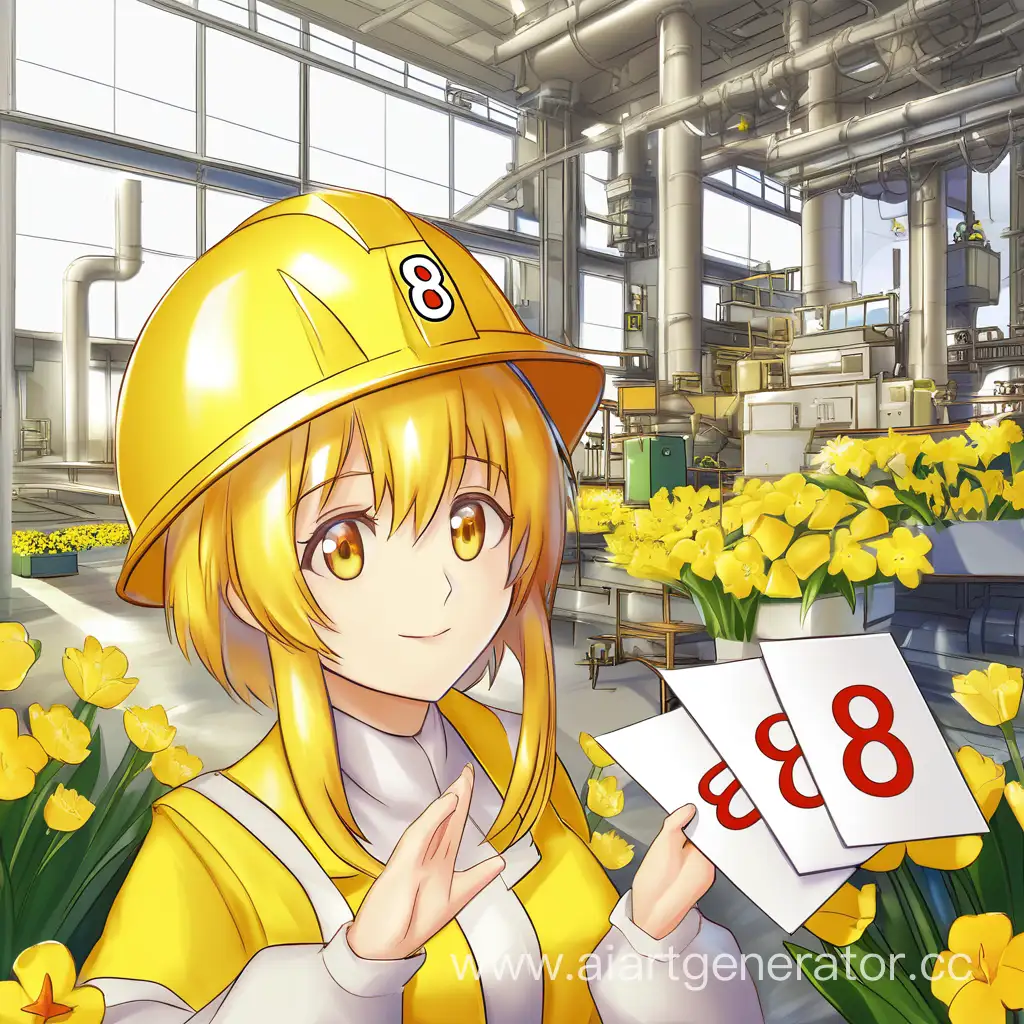 открытка поздравление с 8 марта, цветы, цифра 8, завод, женщина в желтой каске