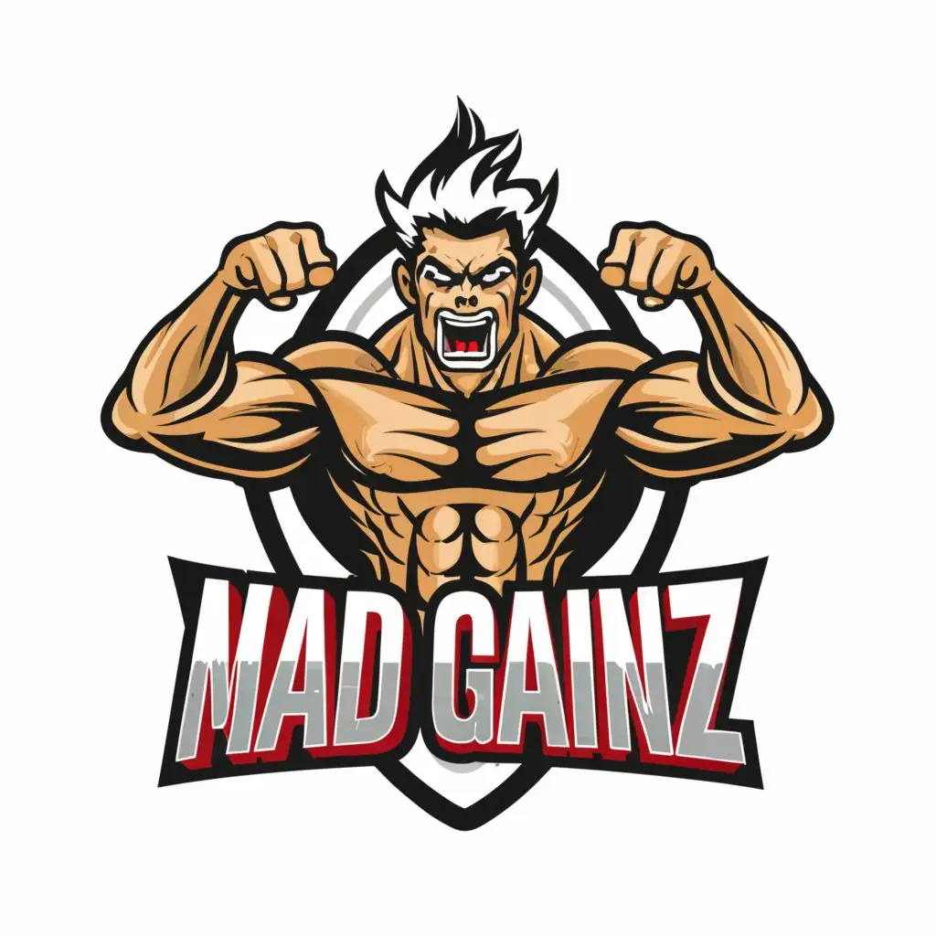 a logo design,with the text "MAD GAINZ", main symbol:An angry muscular man flexing,Moderate,be used in Sports Fitness industry,clear background