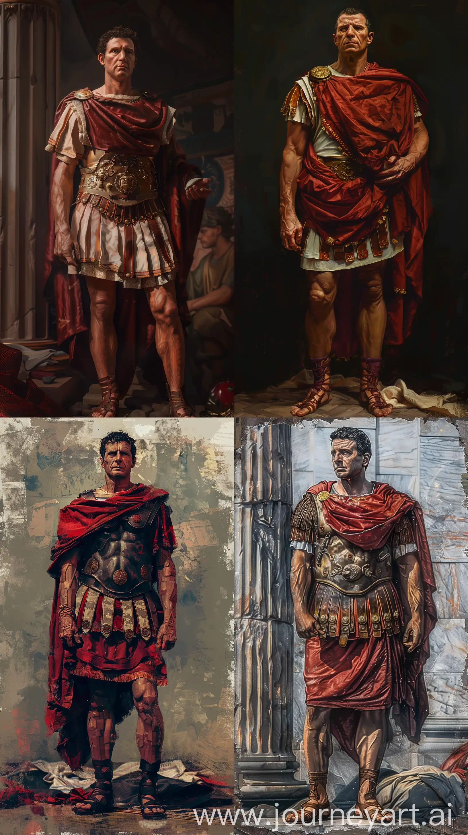 Gaius Julius Caesar standing tall bold and brave, depicted in Augustus attire, historical accuracy, Digital Impressionism, Eye Level --ar 9:16