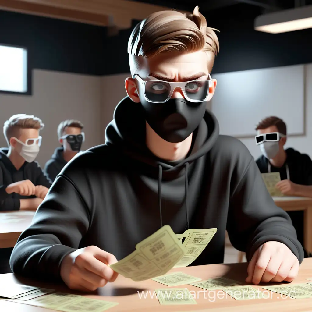 Молодой белый парень  одет в черной толстовке с прозрачными  белыми очками  с черной маской на лице сидит за столом в студии и открывает лотерейные билеты