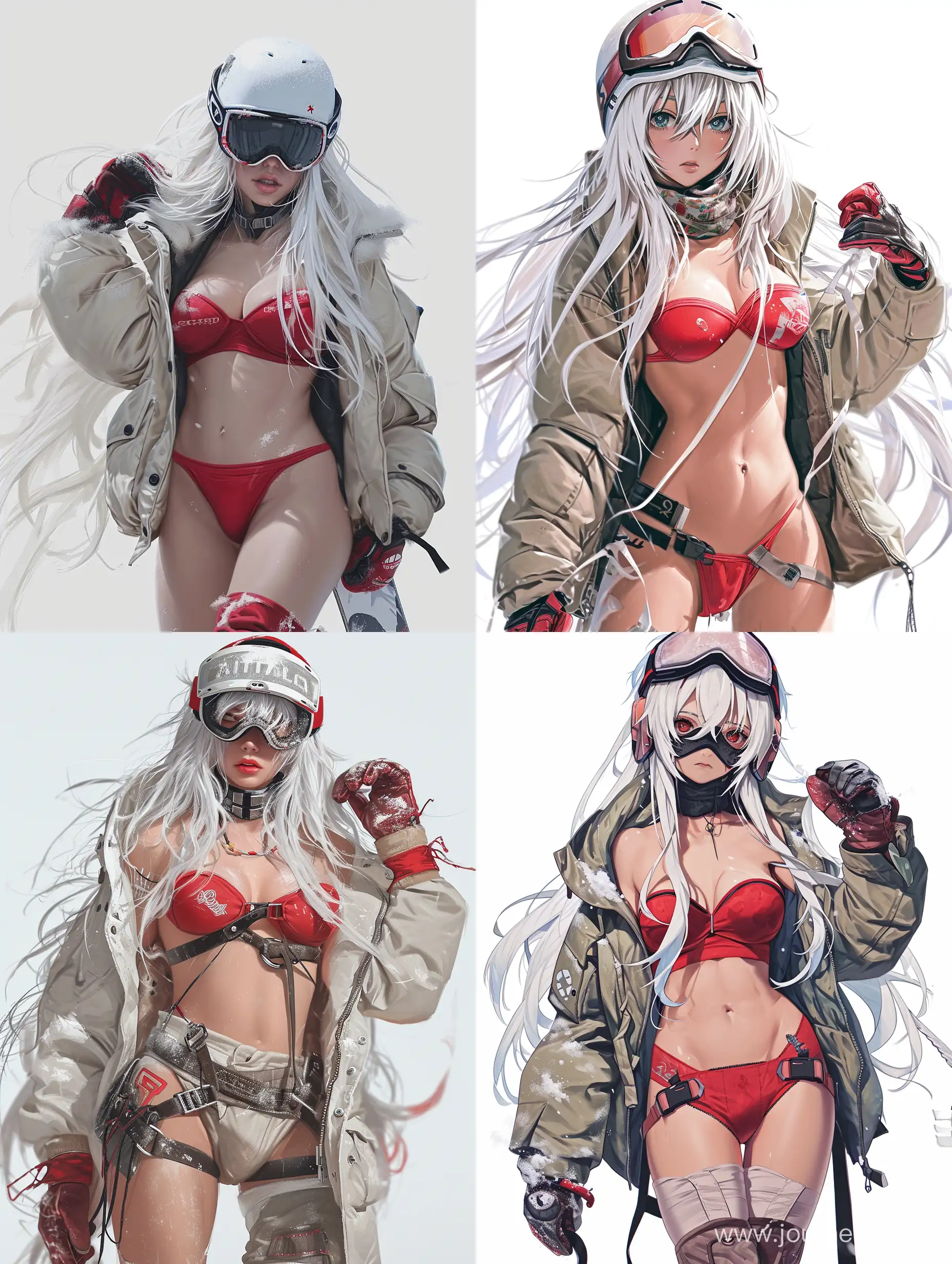 realistic, real, beautiful , , white hair, long hair, red bras, open jacket, snowboard pants and boots, ski glove, ski mask on head, white image background