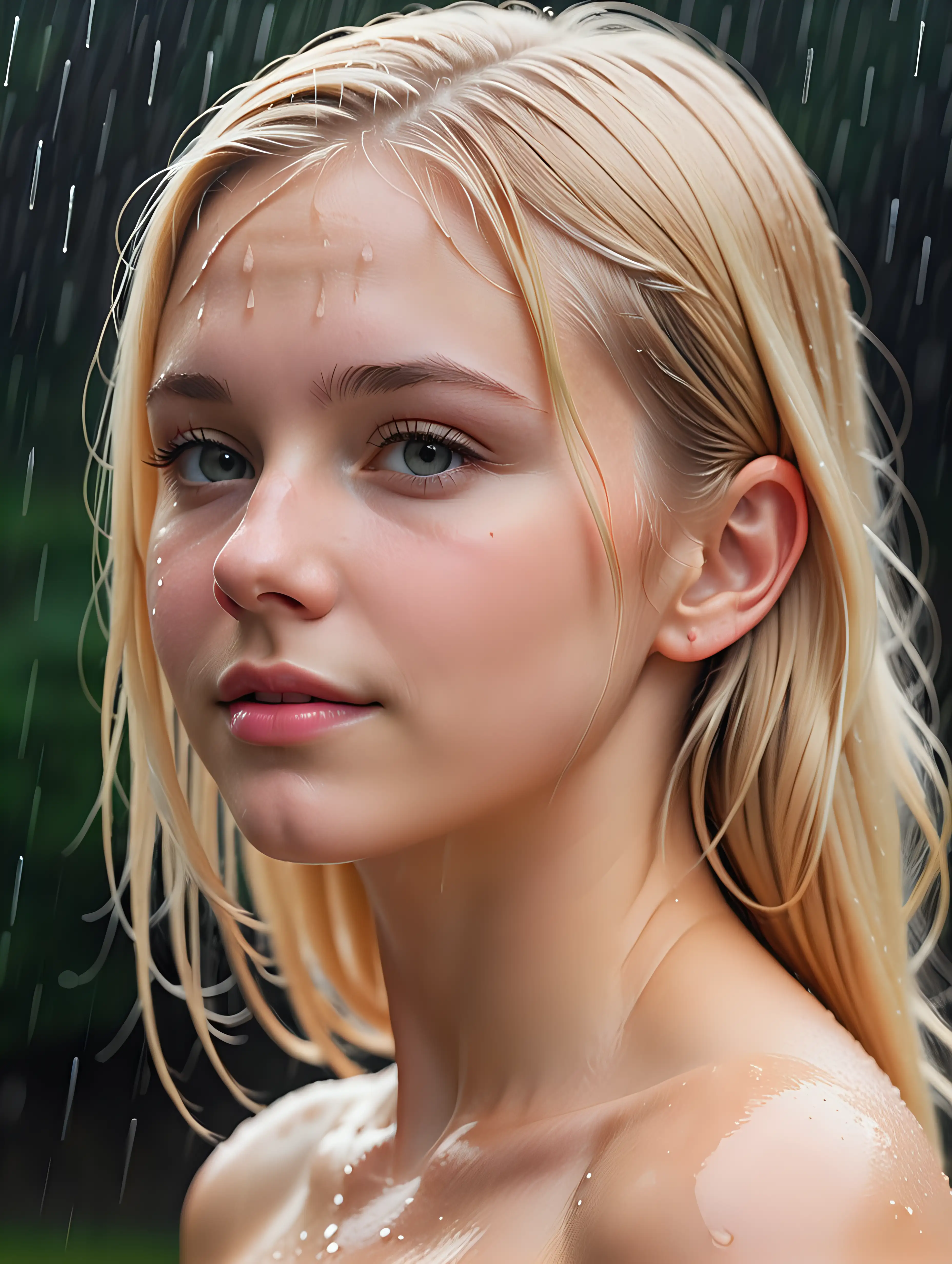 Blonde Woman Sensing Raindrops with Head Tilted Back
