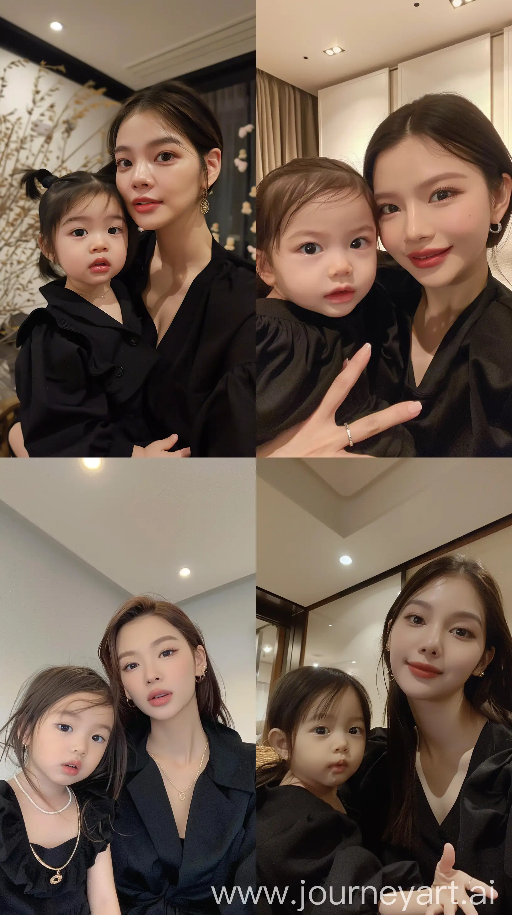 blackpink's jennie selfie with 2 years old  girl, facial feature look a like blackpink's jennie, aestethic selfie, wearing black outfit, night times, aestethic make up,hotly elegant young mom, simple clothes --ar 9:16 