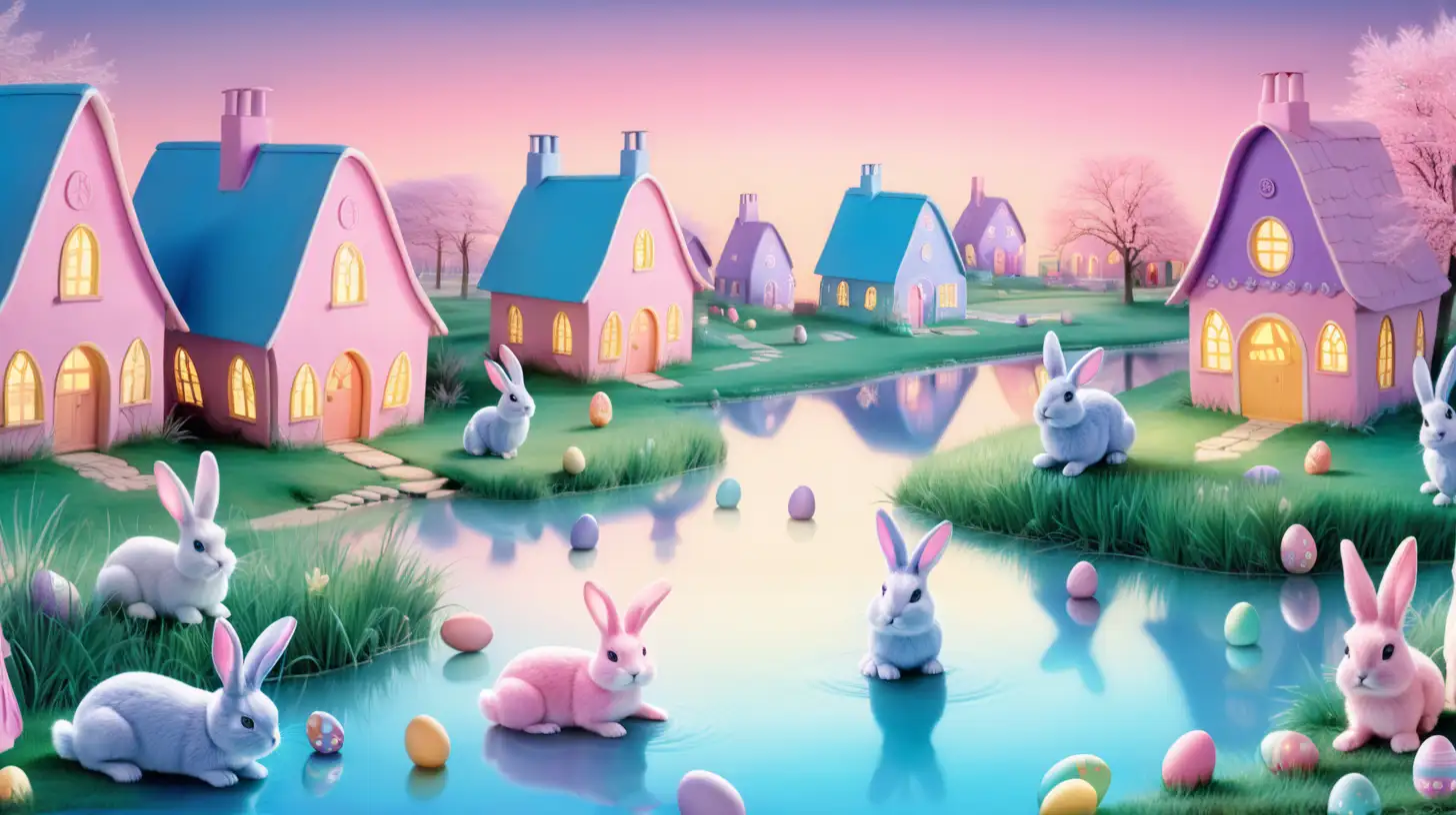 Enchanted Easter Village with Glowing Pond and Pastel Rabbits