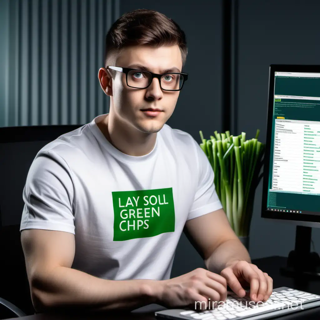 Business intelligence analyst is working. He is sitting at the desk with a laptop and 2 monitors, vaping. Tableau and MS SQL Server apps are visible on the screens. A pack of Lay's green onion flavoured chips are on the desk, on his right. He is caucasian, male, with short brown hair. He is not wearing glasses. He is wearing a white t-shirt. Mouse is white. NO GLASSES ON HIS NOSE. WHITE T-SHIRT. CAUCASIAN.