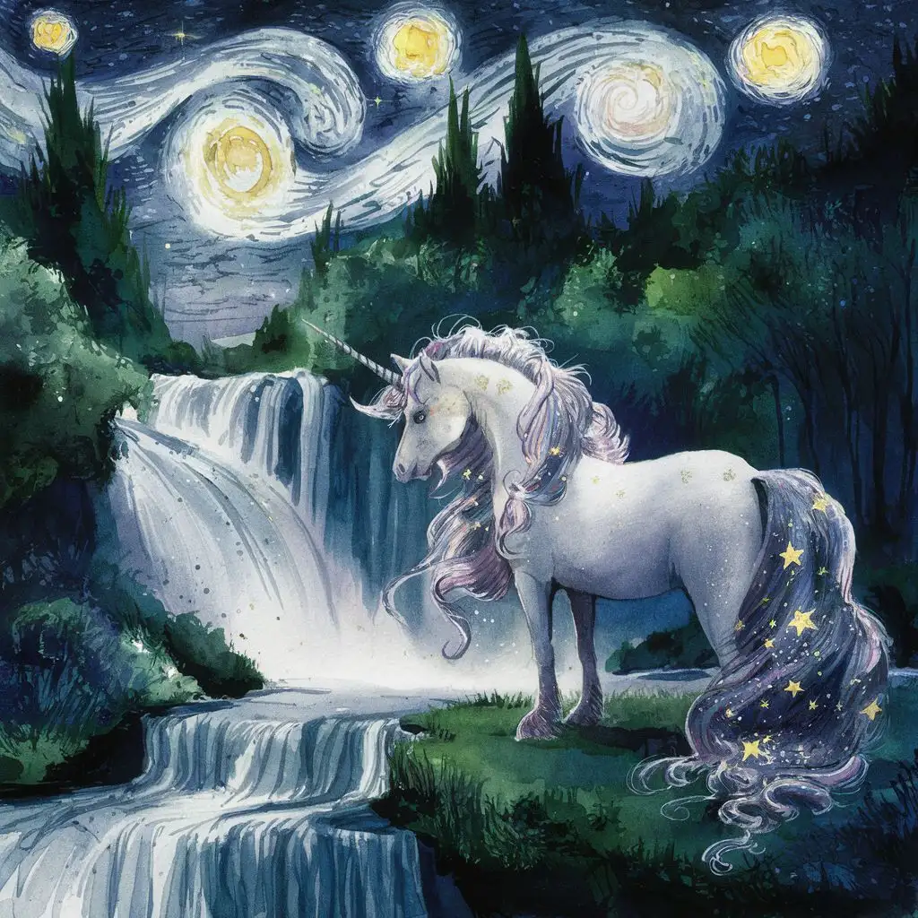 watercolor unicorn, waterfall, forest, vangough starry night style


