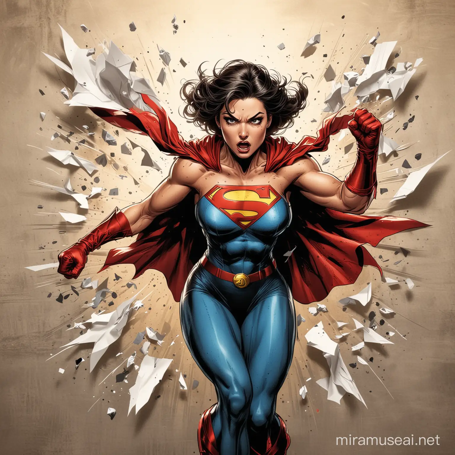  Comic book art, female superhero ripping through a paper wall, feminine yet fierce, in the style of superhero comics --ar 1:2 --style raw for tshirt printing