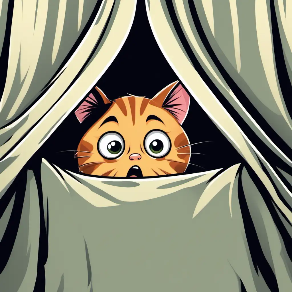 Scared Cartoon Cat Peeking from Under a Blanket