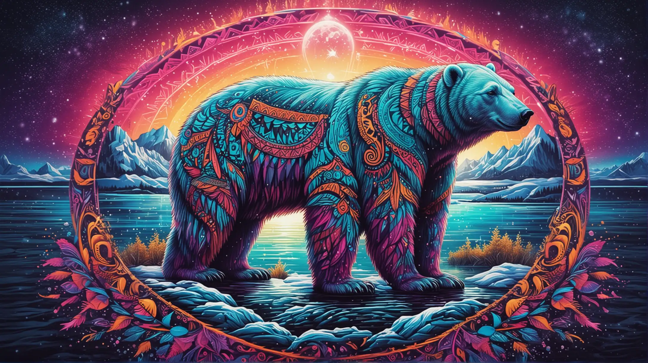 Vibrant Neon Polar Bear with Tribal Patterns against an Alaskan Mandala Lake Background