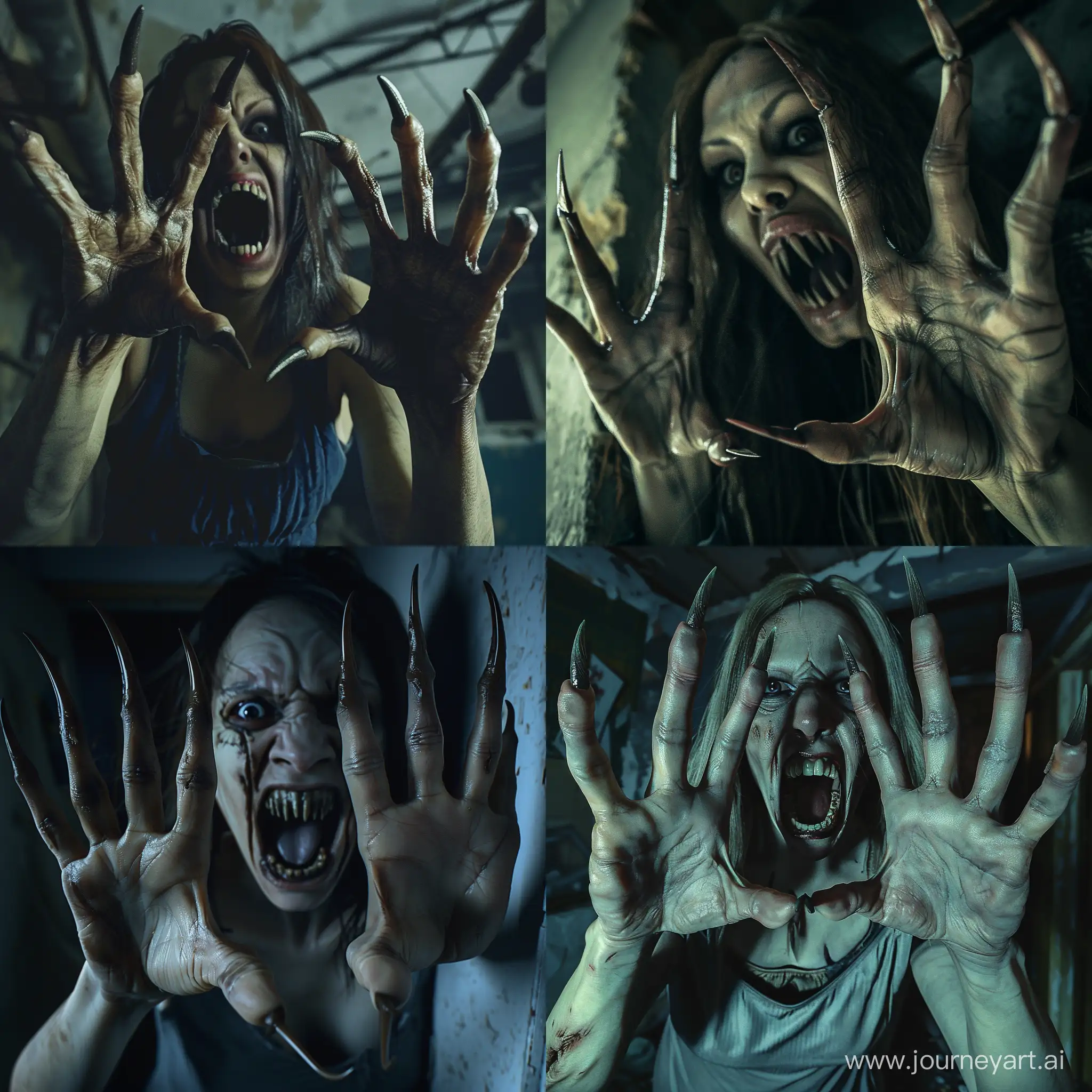 A Terrible Zombie woman with long curved pointed nails protruding from her  five fingers like menacing claws, she looks like a who has climbed out of the grave, her mouth is threateningly open exposing pointed teeth resembling fangs, The scene takes place at night, in an abandoned building, hyper-realism, photorealistic, cinematic, high detailed, nails detailed, detailed photo.
