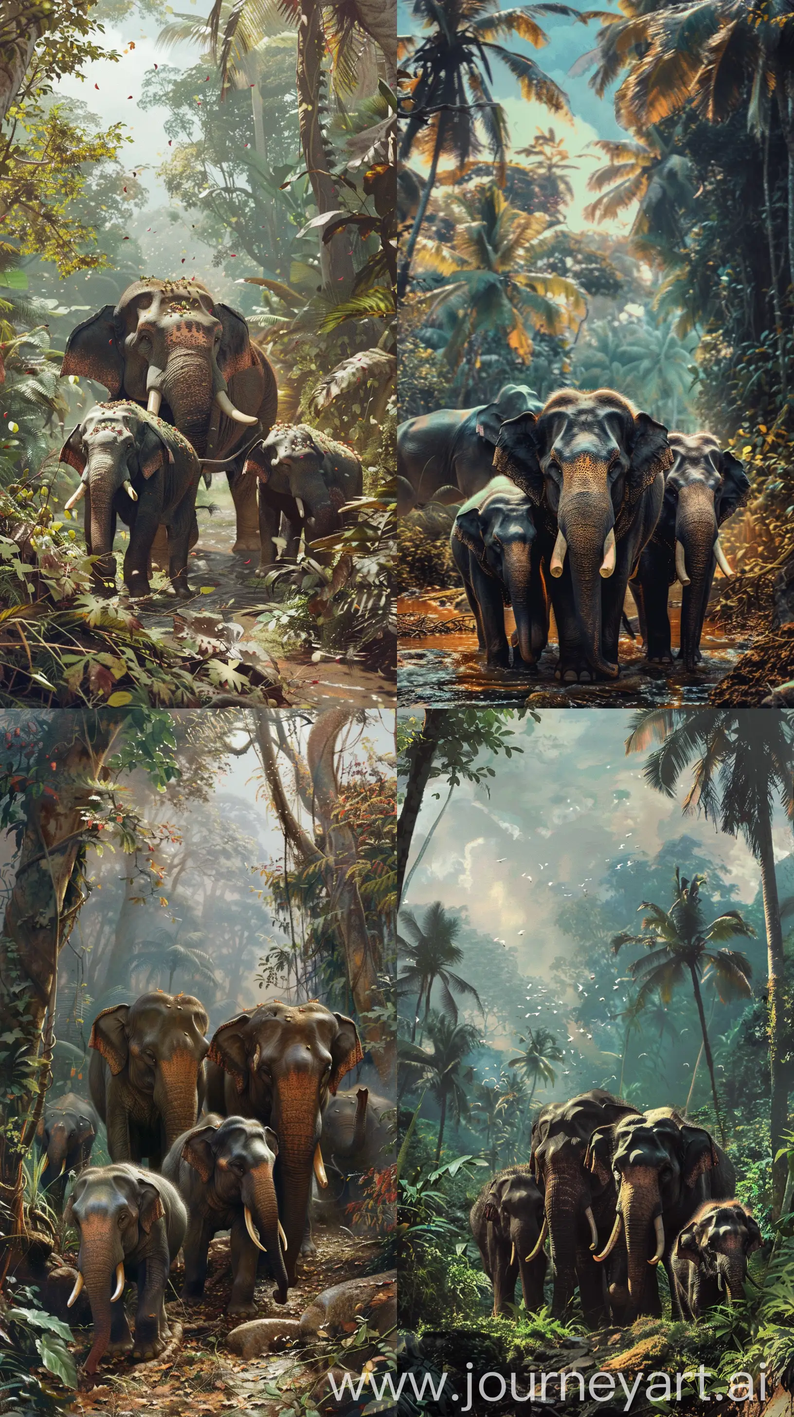Image of a group of wild elephants, in the jungle, Raj Ravi Varma art style, 8k quality, intricate details --ar 9:16 --v 6