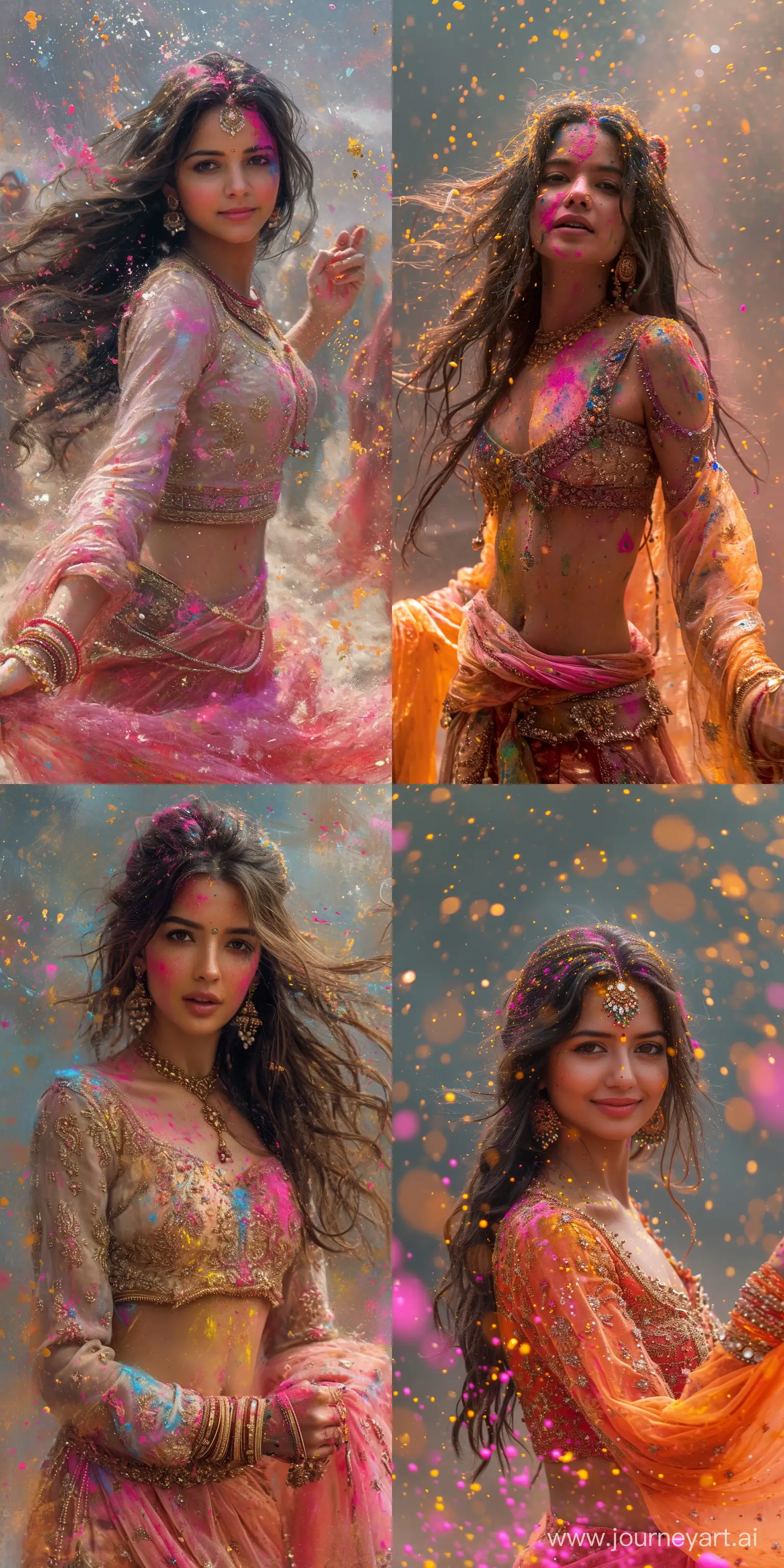 holi images with a beautiful Punjabi woman dancing around in colored paints, in the style of light gray and light bronze, spiritual meditations, dark gold and pink, bold and vibrant primary colors, expressive facial features, hurufiyya --ar 1:2 --stylize 750 --v 6