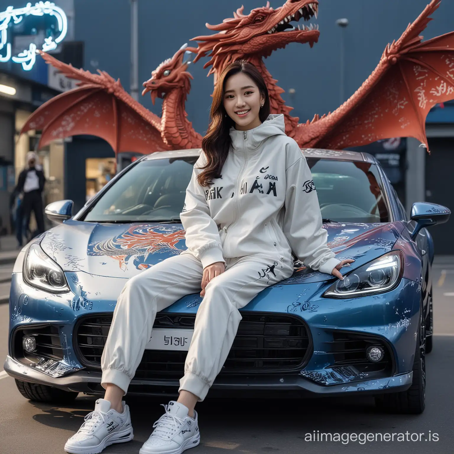a beautiful Korean woman wearing a hijab, jacket with the words "ZACK CREATOR", logo font on the jacket, trousers, Jordan shoes, sitting on the hood of the car, the car has been modified in the shape of a cool dragon with dynamic blue decoration, smiling sweetly, The camera faces, with a futuristic light, behind the woman there is a large Phoenix bird flying around her with a large red color, the writing in Indonesian is clear
