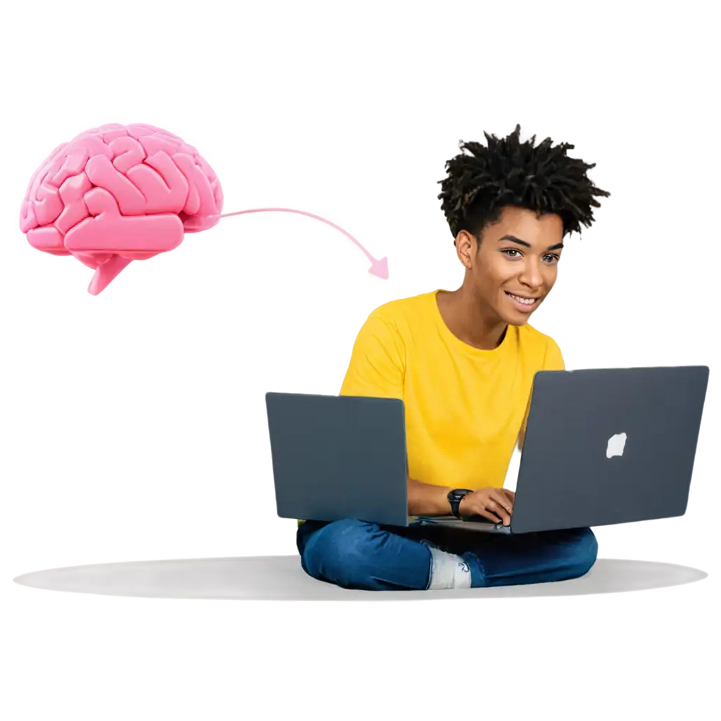 A brain wearing a yellow tshirt written code in pink and coding using vs code in a laptop 