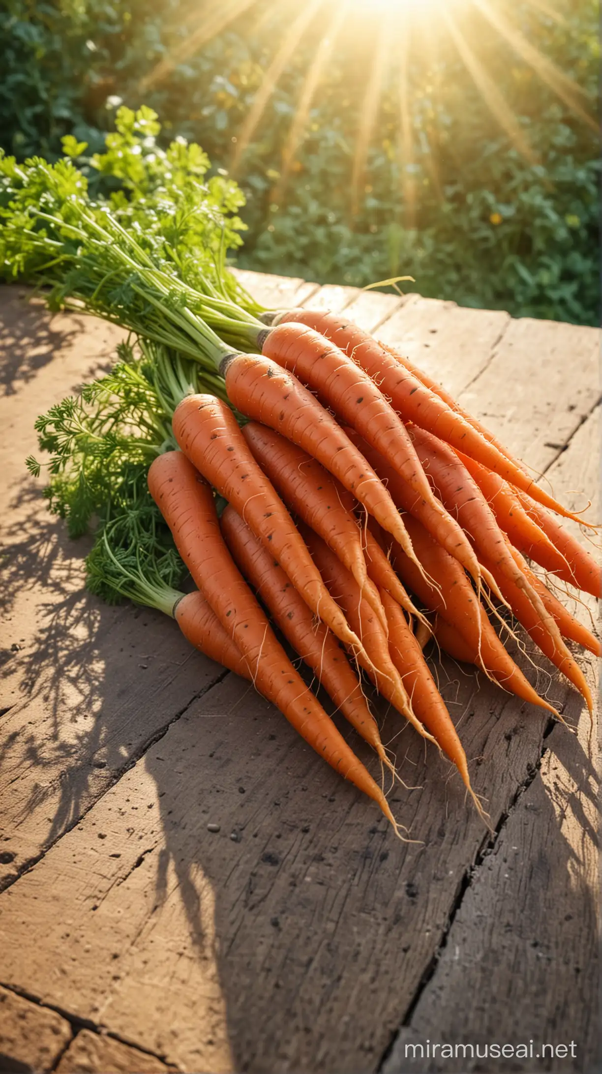 carrots on table, natural background, sun light effect, 4k, HDR, morning time weather