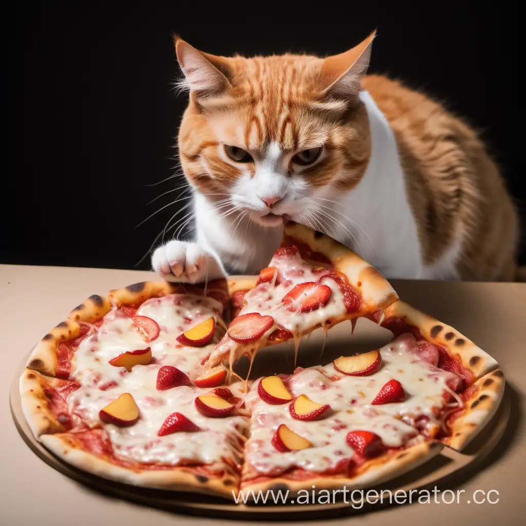 Кошка ест пиццу с персиком и клубникой