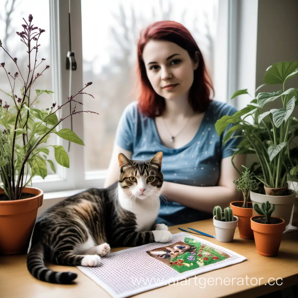 Женщина 30 лет, грустная, преподает программирование,но не любит это,а любит вышивать крестиком, и своих британских котов. А также она выращивает растения и хотела бы заниматься этим по жизни,а не программированием