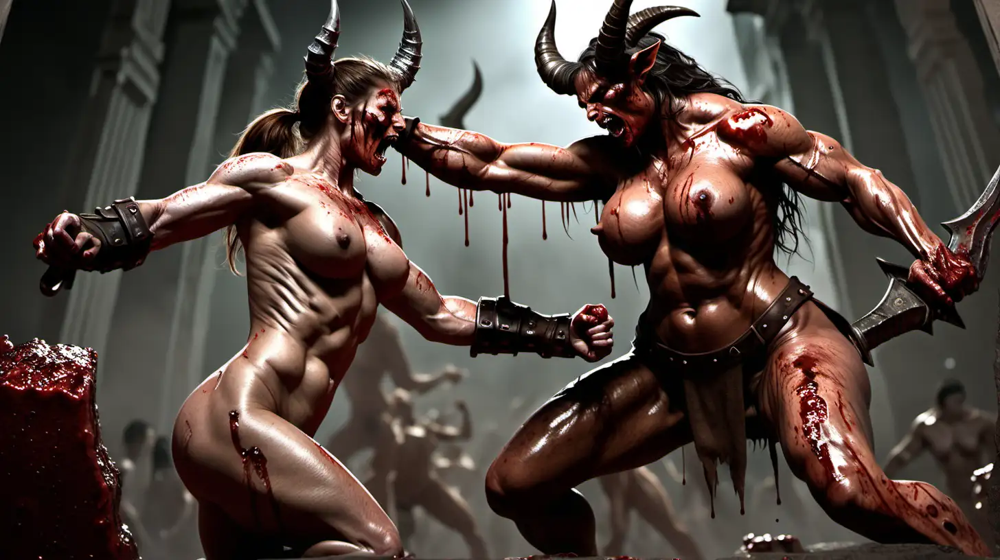 big muscular monster female combat agaist female minataur, naked, muscular, bloody