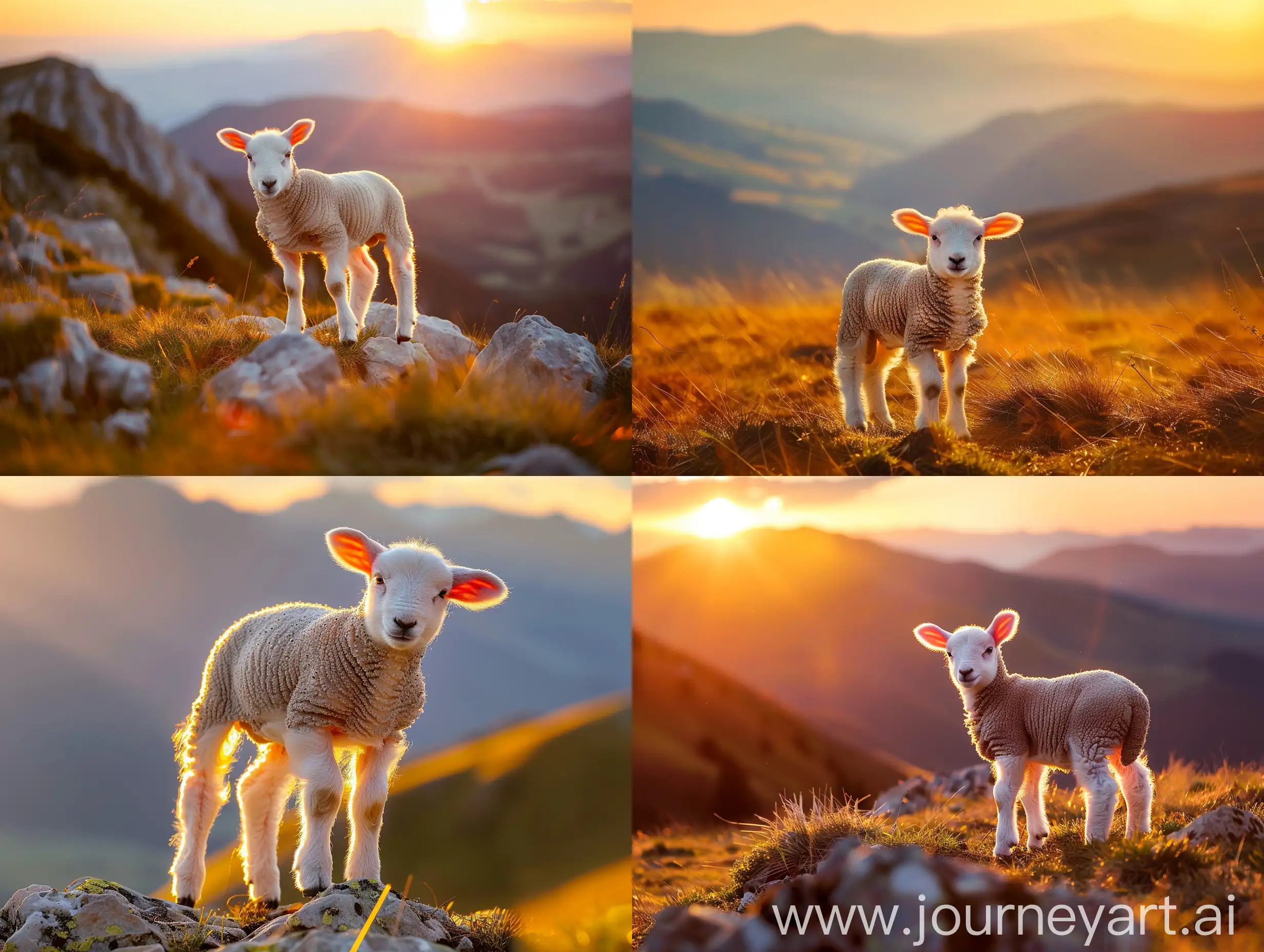photo of cute little lamb, mountains, golden hour nature, beautiful lighting, high quality, 4k