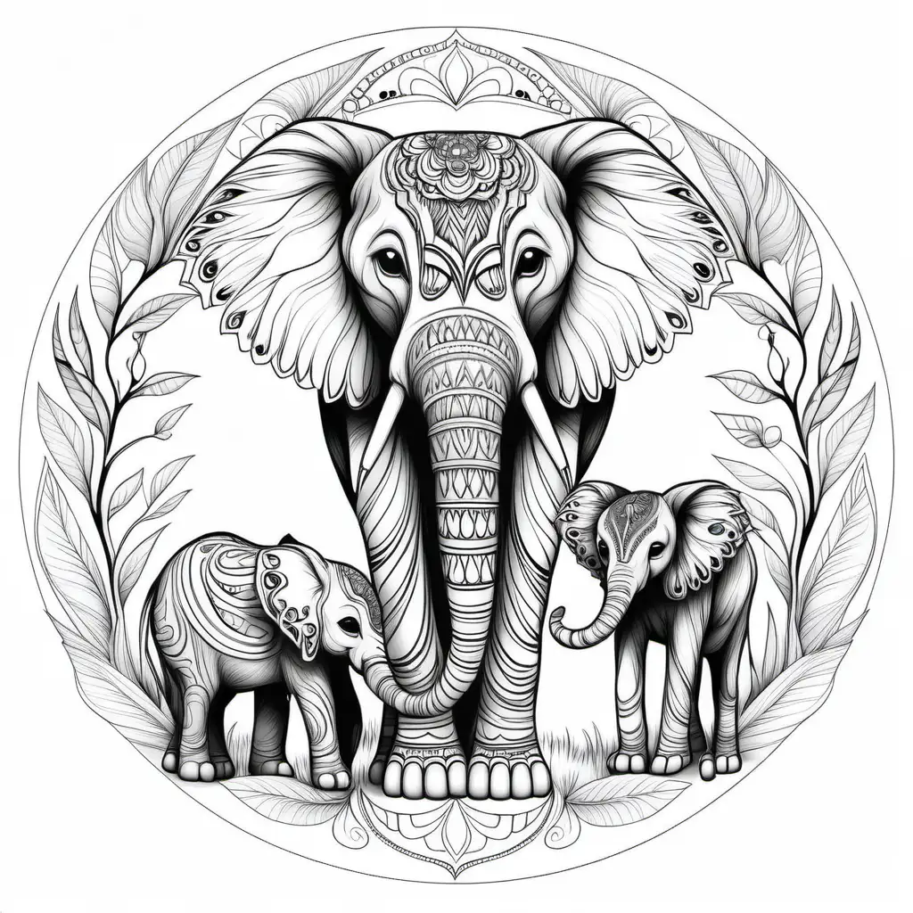 Create Black and white coloring pages of mandala wild mommy and baby animals, on a white background, in nature, no shading, large images, crisp lines,