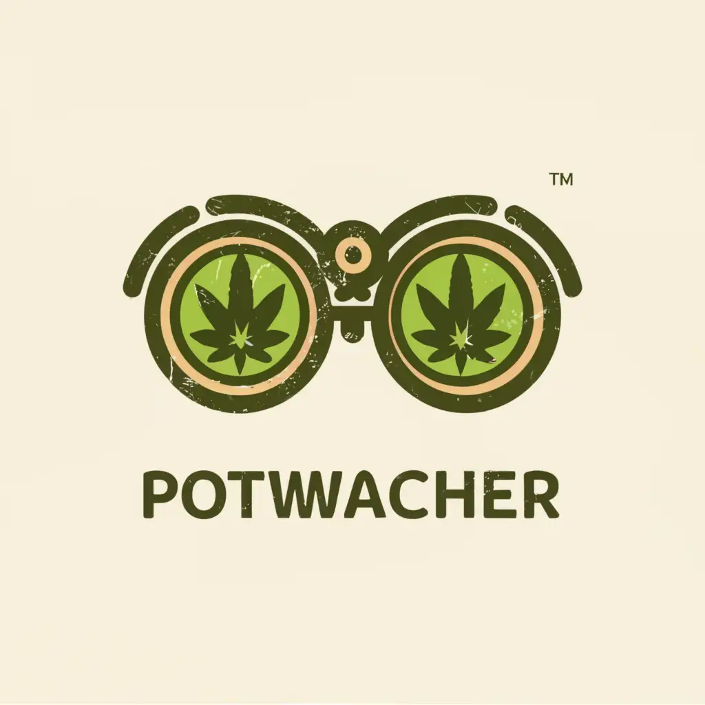 a logo design,with the text "PotWatcher", main symbol:binoculars looking at a cannabis plant,Moderate,clear background