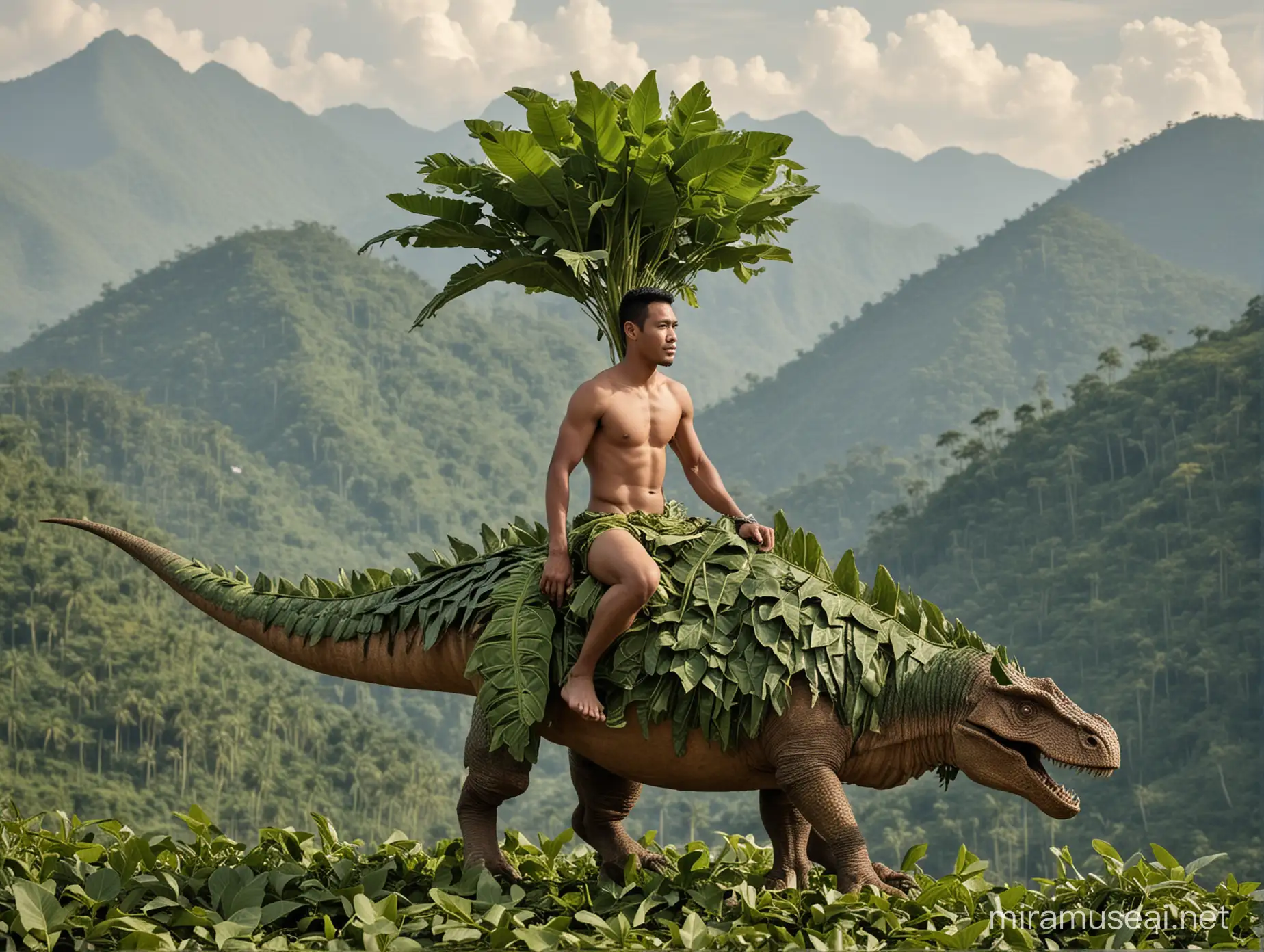 Seorang laki laki usia 27 tahun wajah jawa indonesia menunggangi dinosaurus dengan hanya mengunakan pakaian dalam berupa daun, baiground pegunungan luas