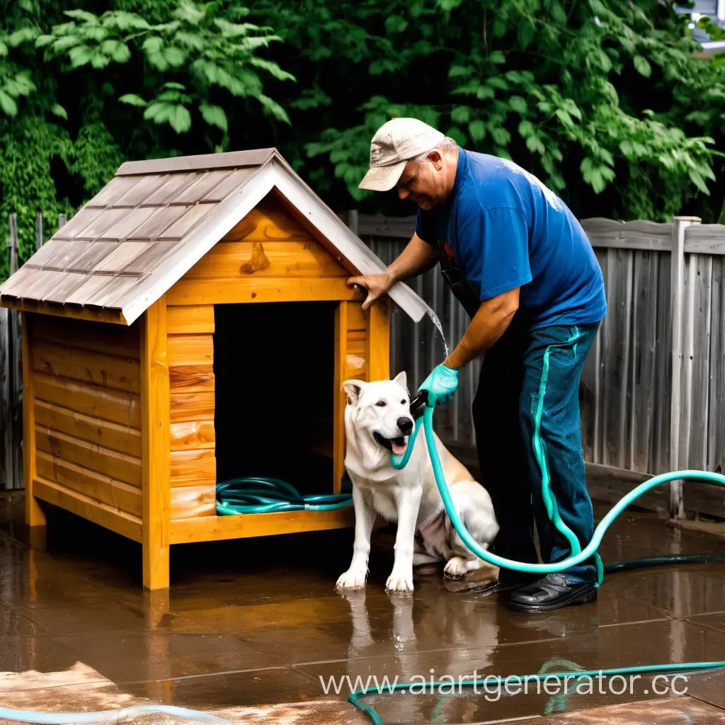 man washes a doghouse with a hose