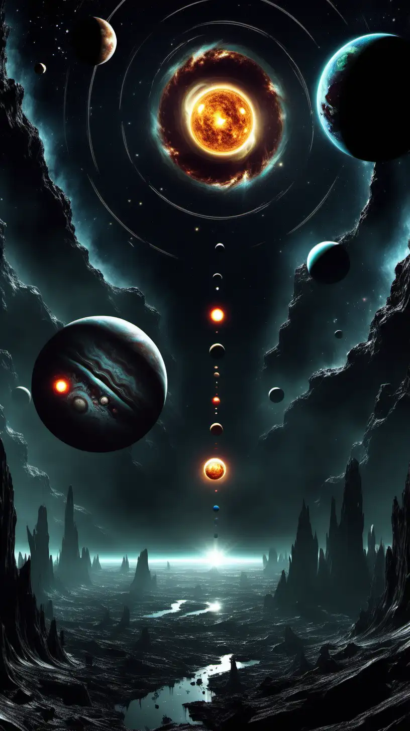 Generate a chilling and nightmarish rendition of the solar system, where the planets loom ominously with haunting details, illuminated by an otherworldly, eerie light, casting a cosmic horror upon the celestial bodies in a spine-tingling display