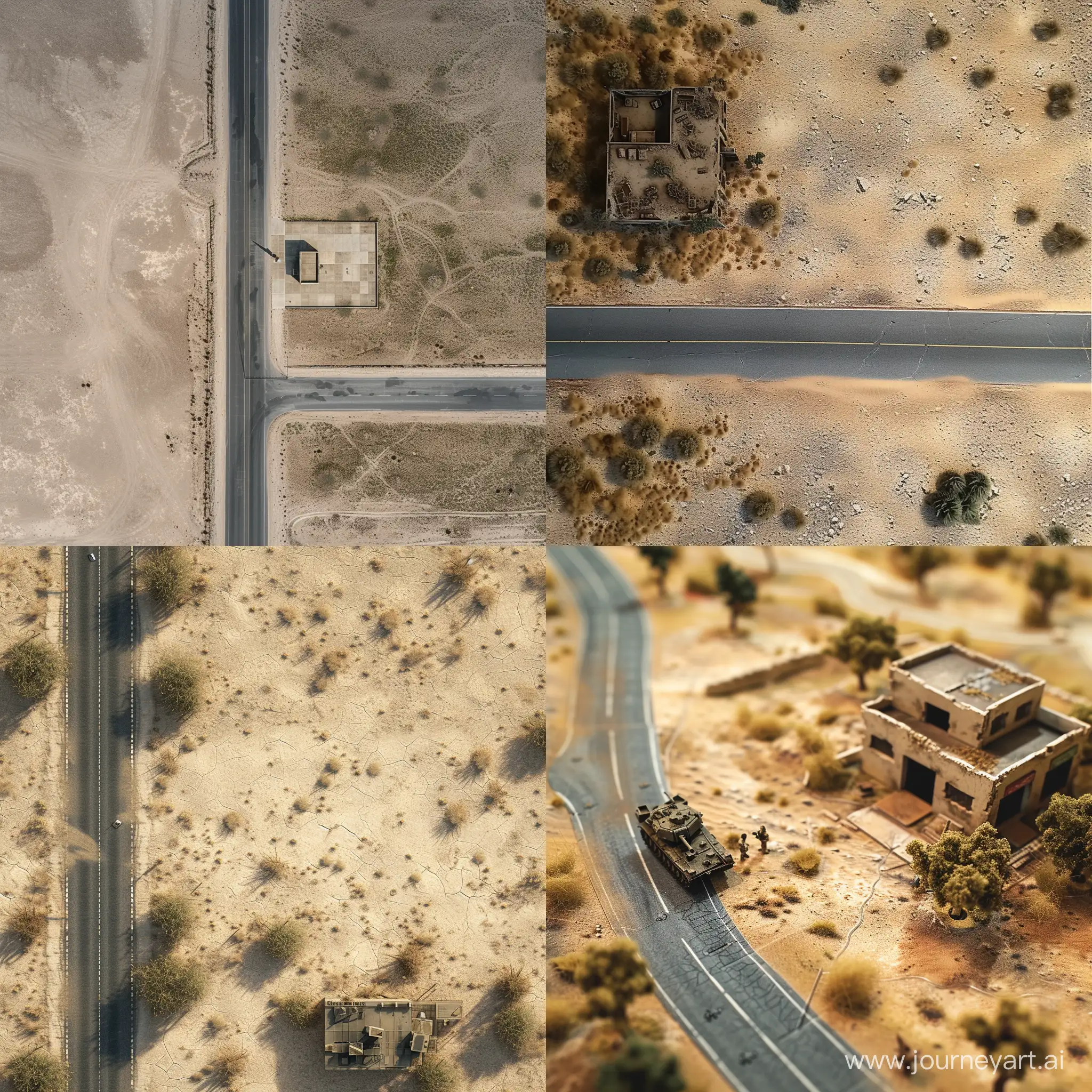 поле для настольной игры, голая пустыня, асфальтированная дорога и одиноко стоящее, небольшое строение военного назначения, вид строго сверху
