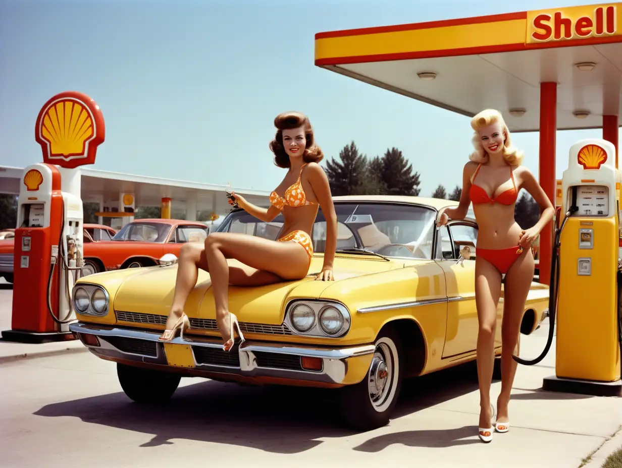 Två sexiga kvinnor i bikini  är på Shell-bensinmack och tankar sin bil, året är 1960 talet.


