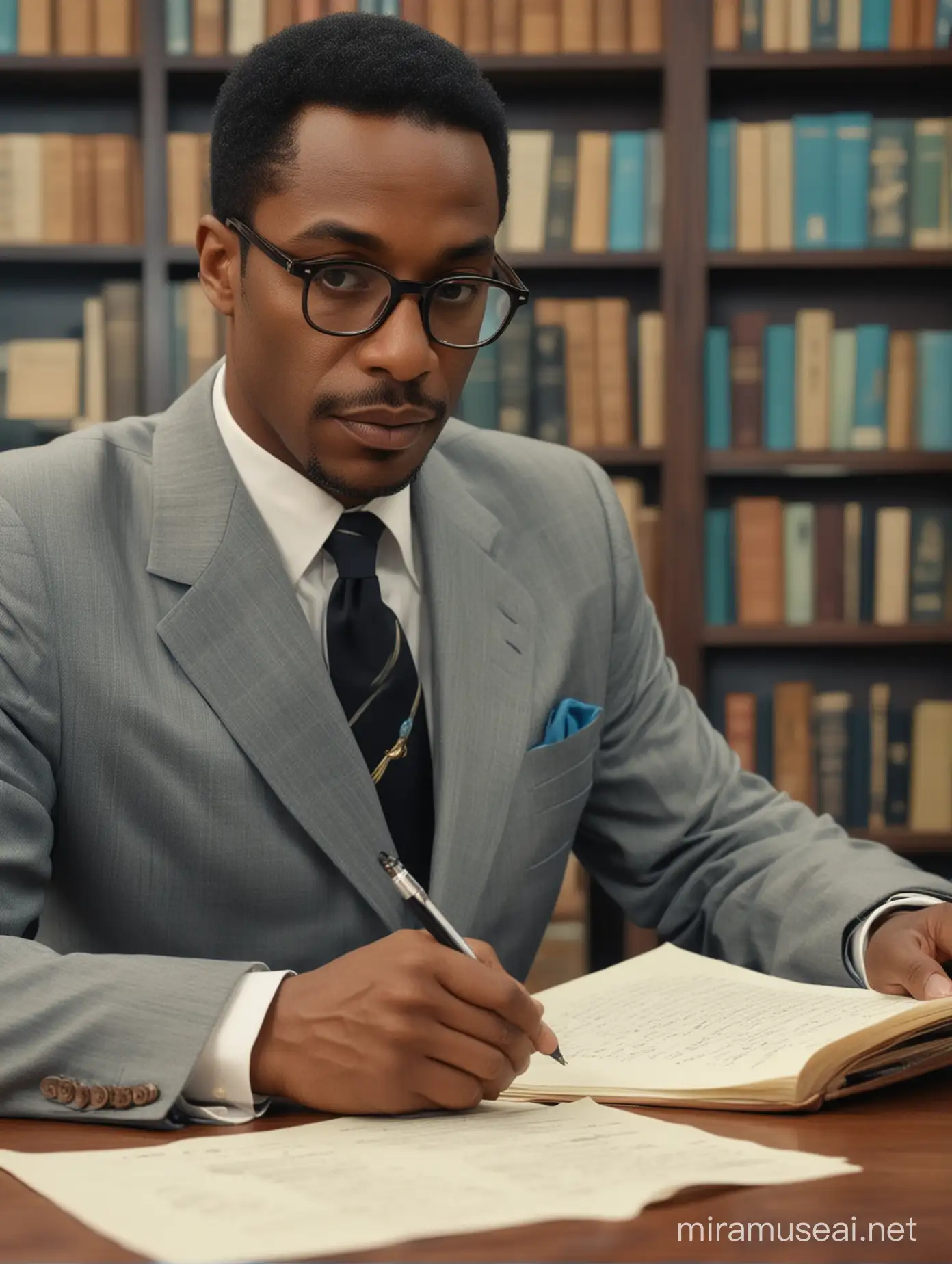 the 50 year old carribean man wearing glasses 1960s man wearing a man suit is writing a letter on  electronic  style laboratory. he is looking at the camera lens with a library in the background in the style of light brown and blue black, fashwave, candid celebrity shots, uhd image, body extensions, natural beauty --ar 69:128 --s 750 --v 5. 2