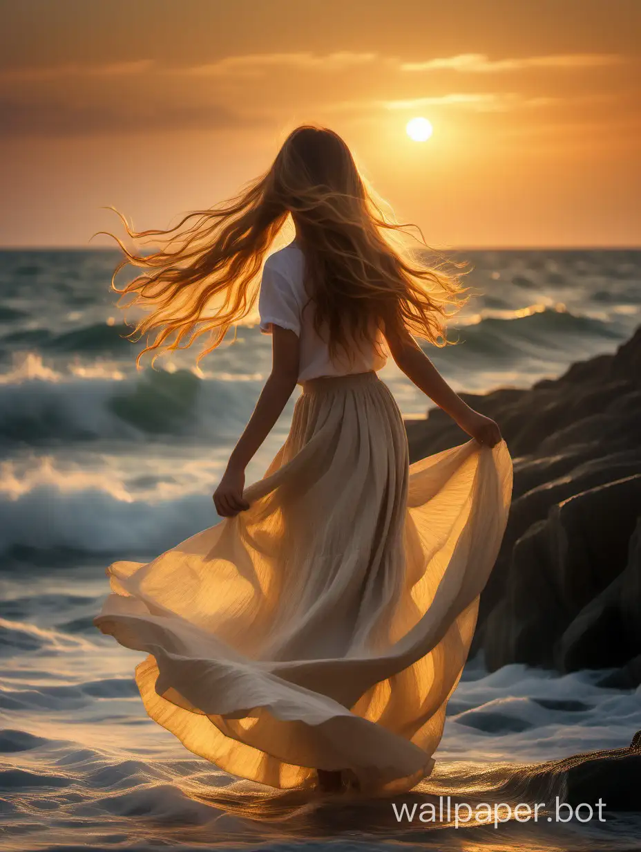 The setting sun, a golden glow spills over the sea, the surface of the sea sparkles, a gentle breeze passes by, and the waves gently lap against the rocks. A young girl stands by the sea, her long hair flowing, dressed in a light long skirt. She closes her eyes, smiles, enjoying the embrace of the sea breeze, her eyes full of peace and happiness. The vast and magnificent sea behind her, while her standing figure is so lonely yet so beautiful, as if merging with nature. The whole scene is like a beautiful painting, refreshing the mind and spirit.
