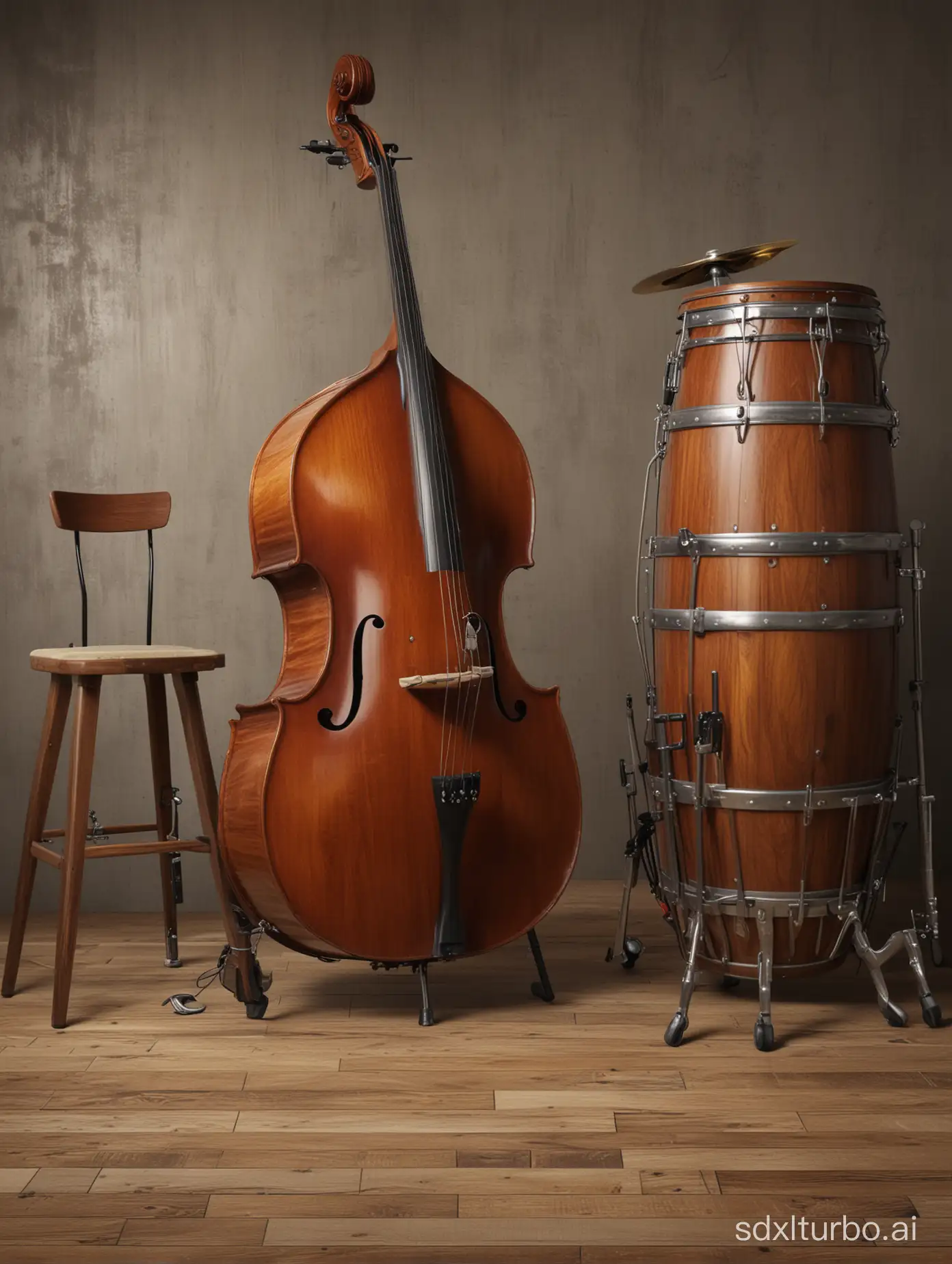 An Upright double Bass, Jazz Piano and a small Jazz drumset on a larger beer background Realistic high resolution 64 bit photo quality rendering
