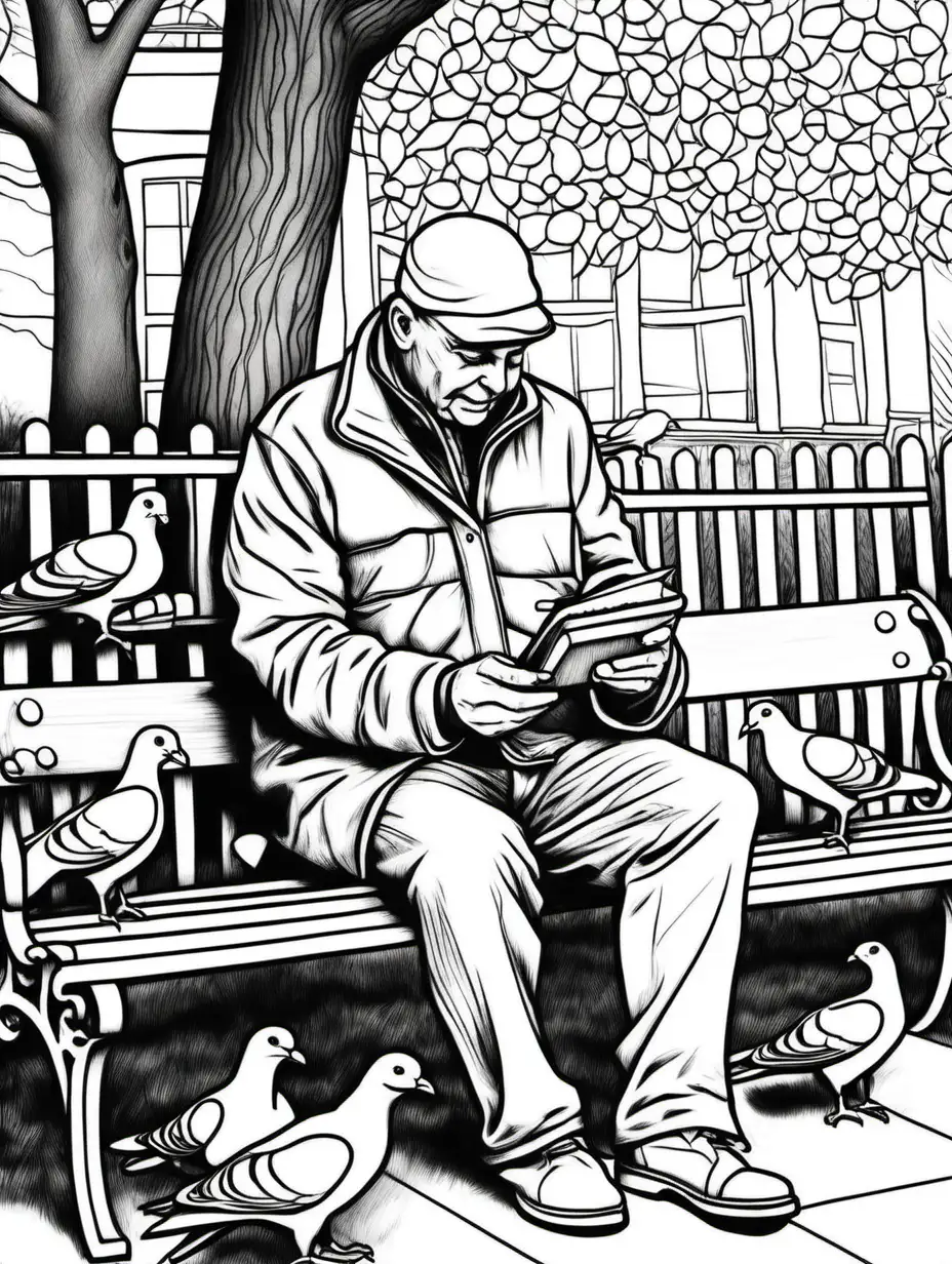 {best quality} {line work}, adult coloring book, high details, black and white. A man sitting on a bench feeding pigeons at a park.