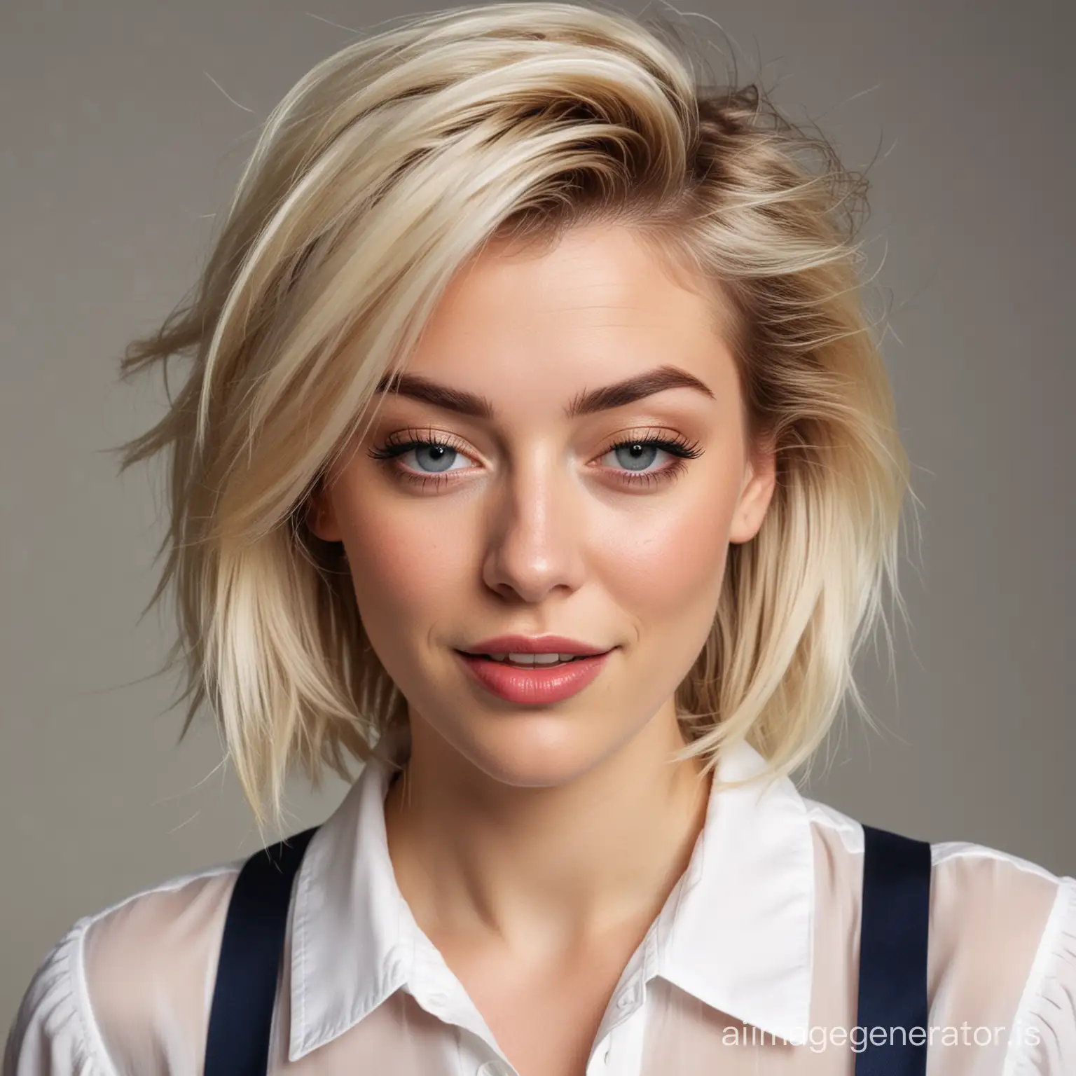 An attractive light-blonde woman with hair in a loose quiff with long fringe. She has thick eyebrows and freckles, wearing a sleeveless white blouse, midnight blue suspenders, and skirt. She winks toward the viewer with one eye.