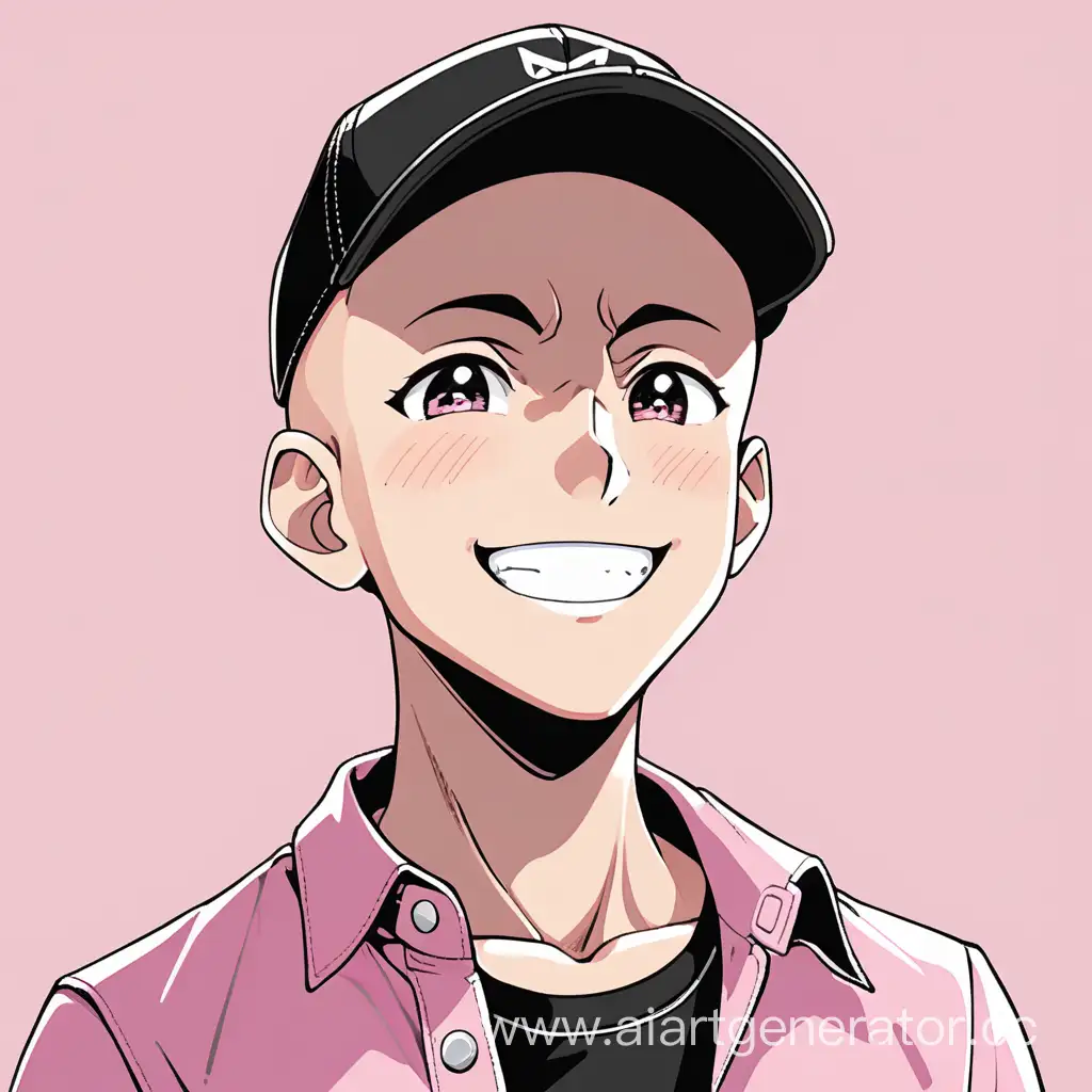 мальчик аниме в розовой майке и черной кепке, лысый улыбается
